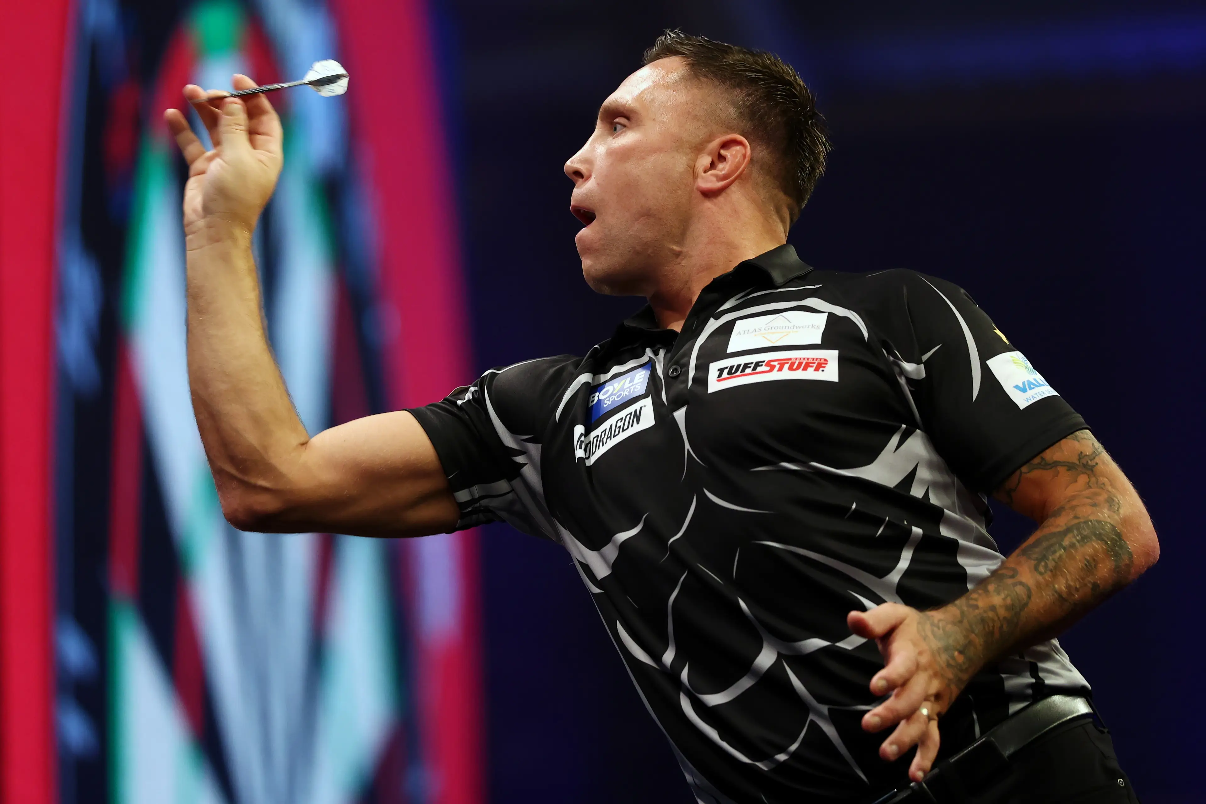 Gerwyn Price in action at the World Grand Prix in Leicester. Image: Getty 