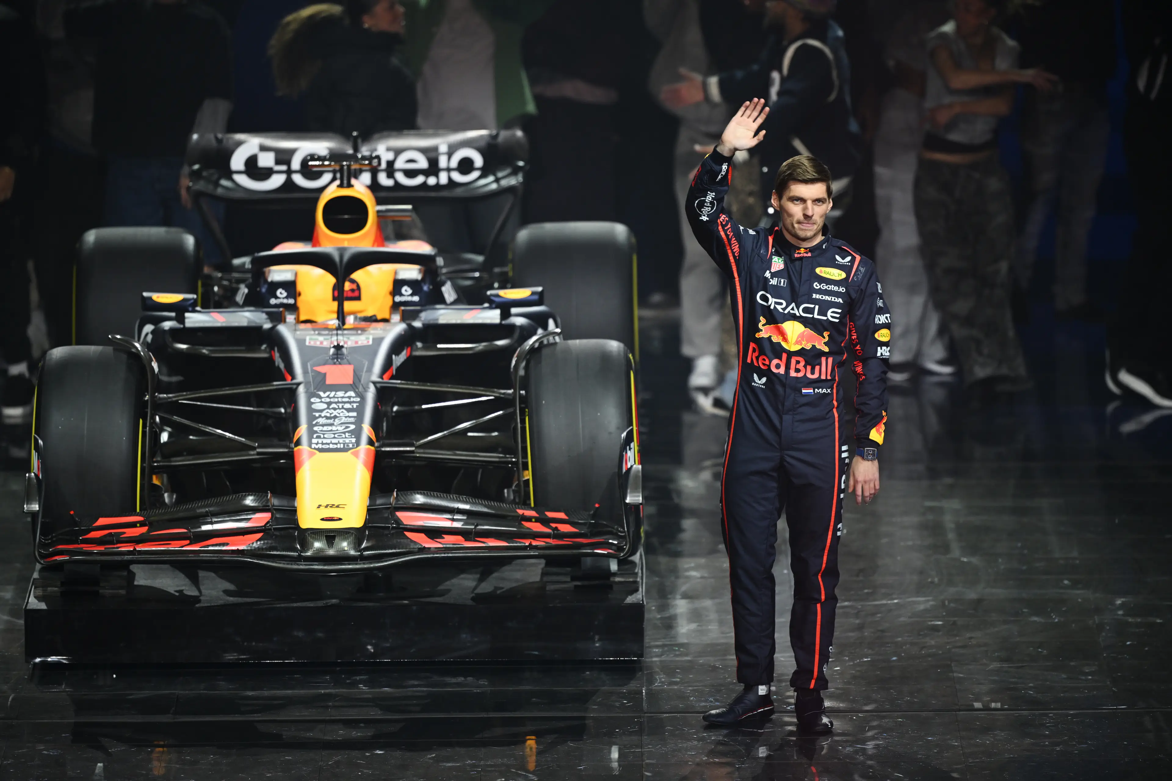 Verstappen waves to the crowd during F1 75 Live at The O2 Arena. Image credit: Getty