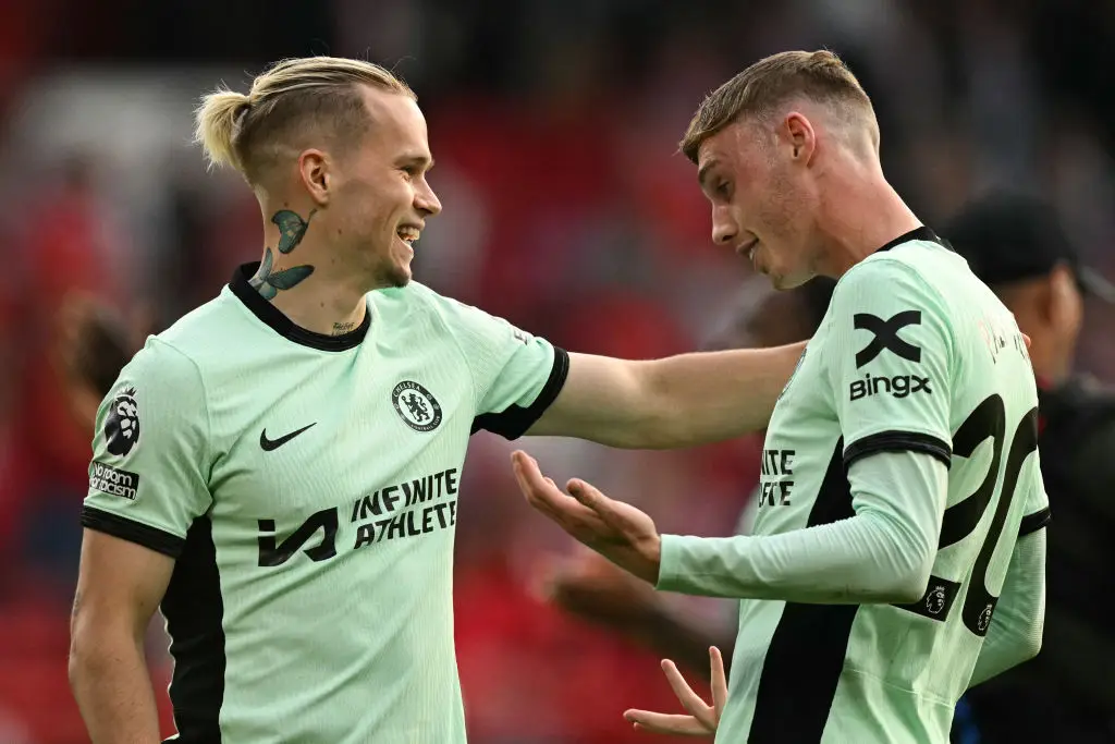 Chelsea's Mykhailo Mudryk celebrates with team-mate Cole Palmer -