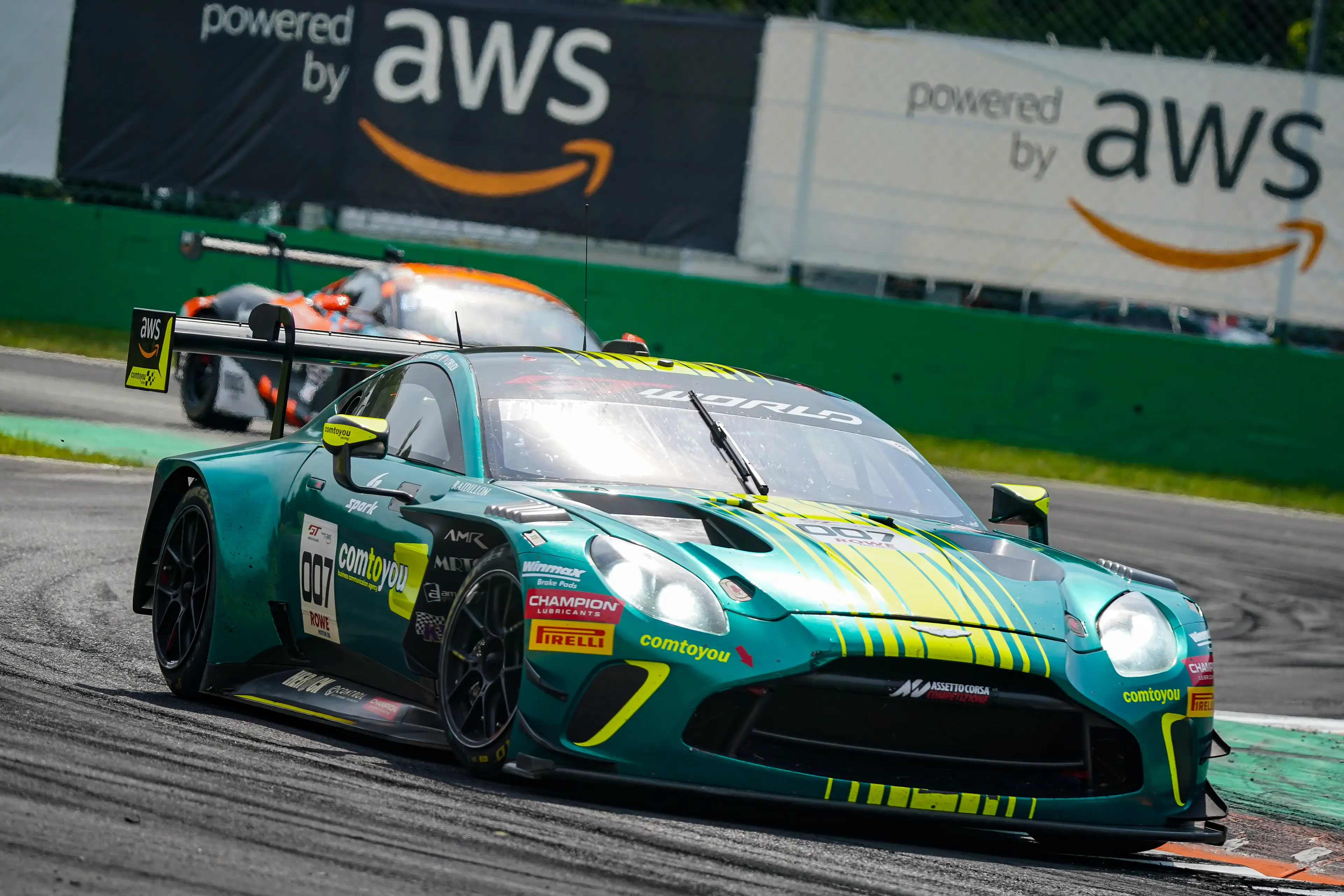 Marco Sorensen, Nicki Thiim, and Mattia Drudi drive the (#7) Aston Martin Vantage AMR GT3 EVO of team Comtoyou Racing during the 4th round of the GT World Challenge Europe (Getty Image)