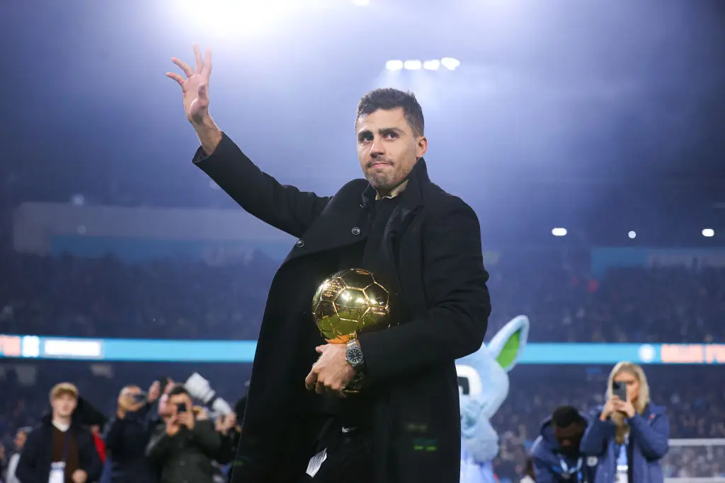Rodri celebrated his Ballon d'Or trophy win at the Etihad. Image: Getty