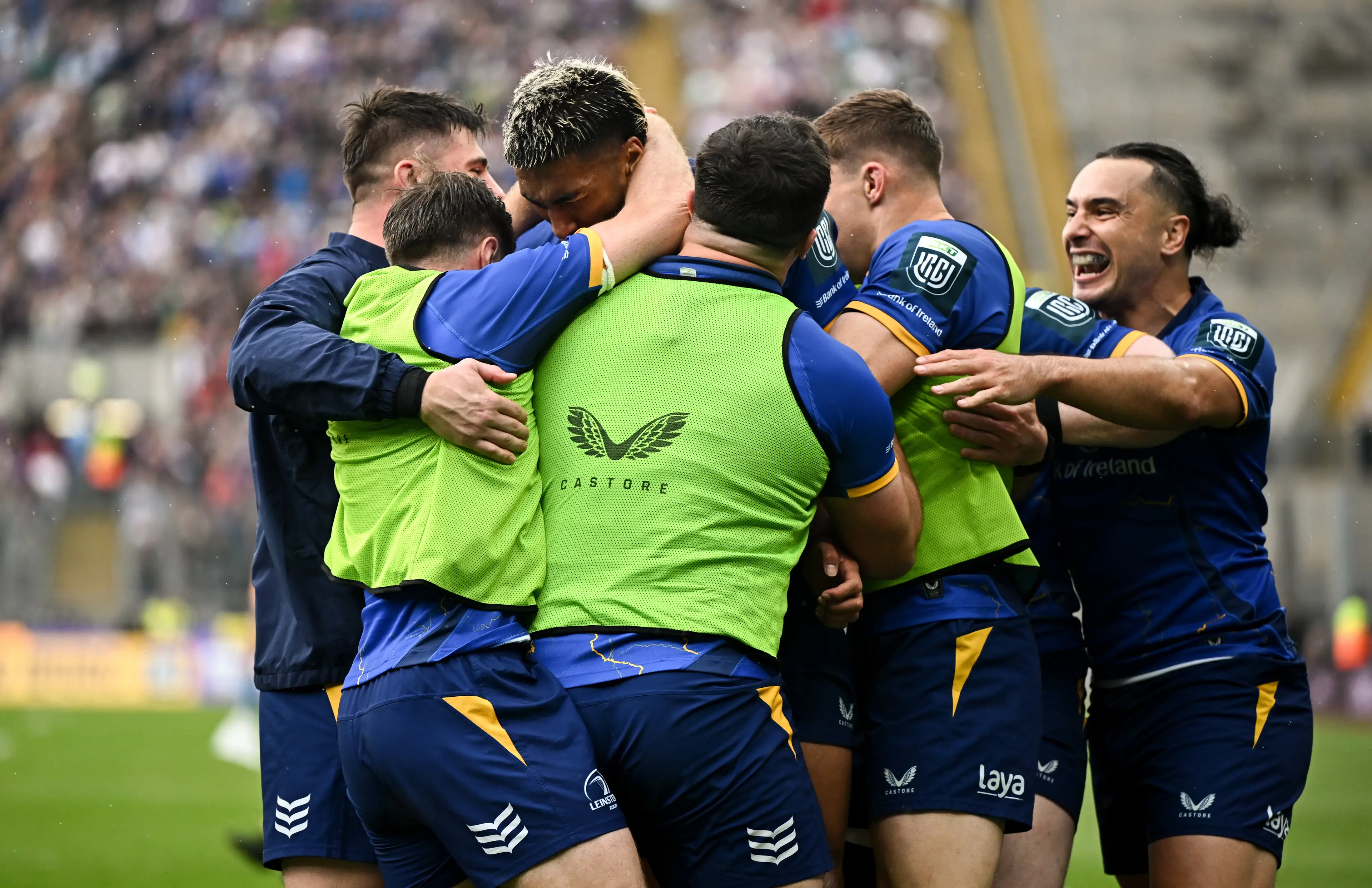 Rieko Ioane of Leinster, third from left, celebrates with teammates after scoring their side's second try during the United Rugby Championship (Getty Images