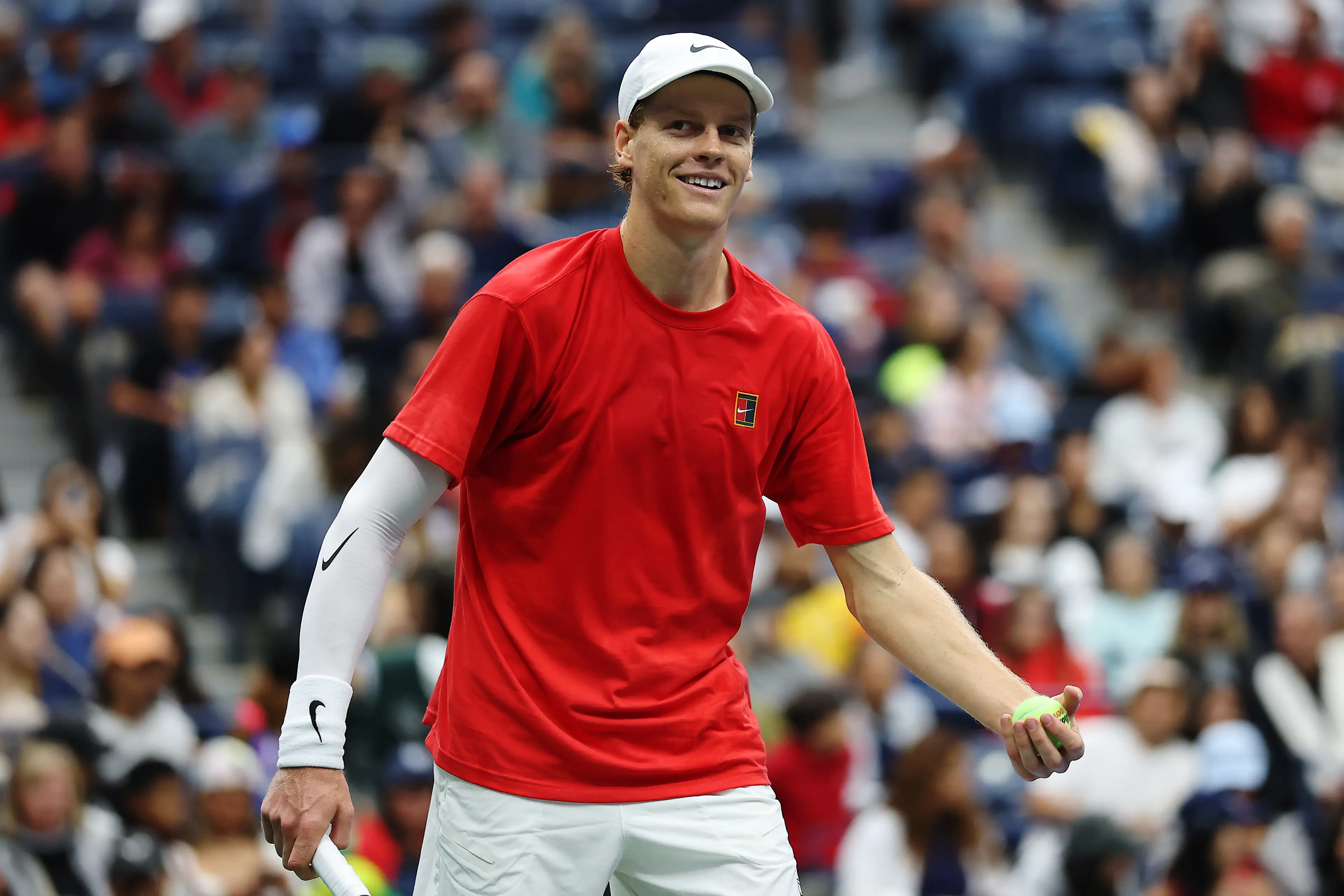 Jannik Sinner of Italy reacts during a practice session ahead of the 2025 US Open.