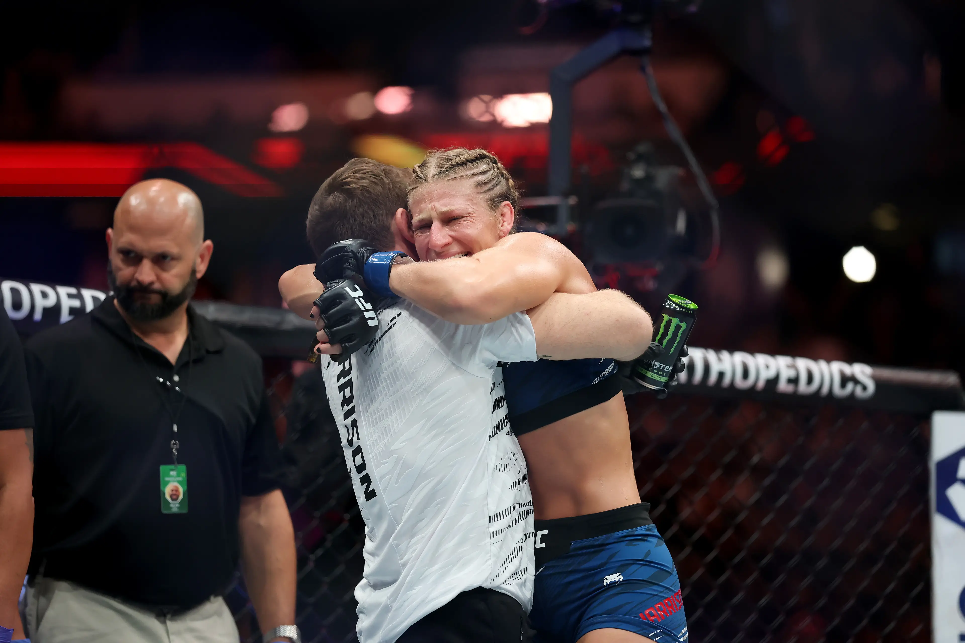 Kayla Harrison celebrates winning the UFC women's bantamweight title at UFC 316. Image: Getty 