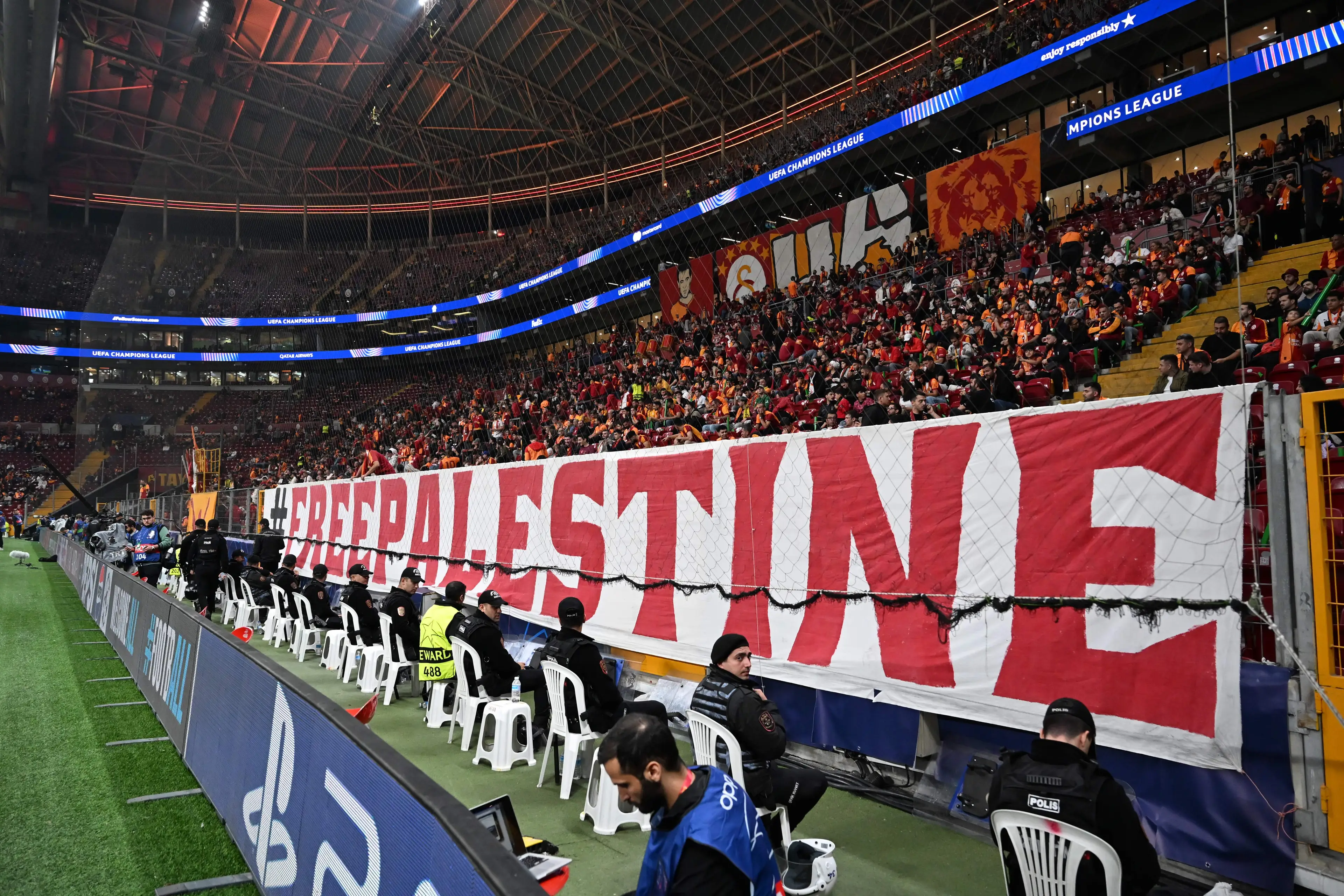 A 'Free Palestine' banner was present at Galatasaray's match against Bodo/Glimt. Image: Getty 