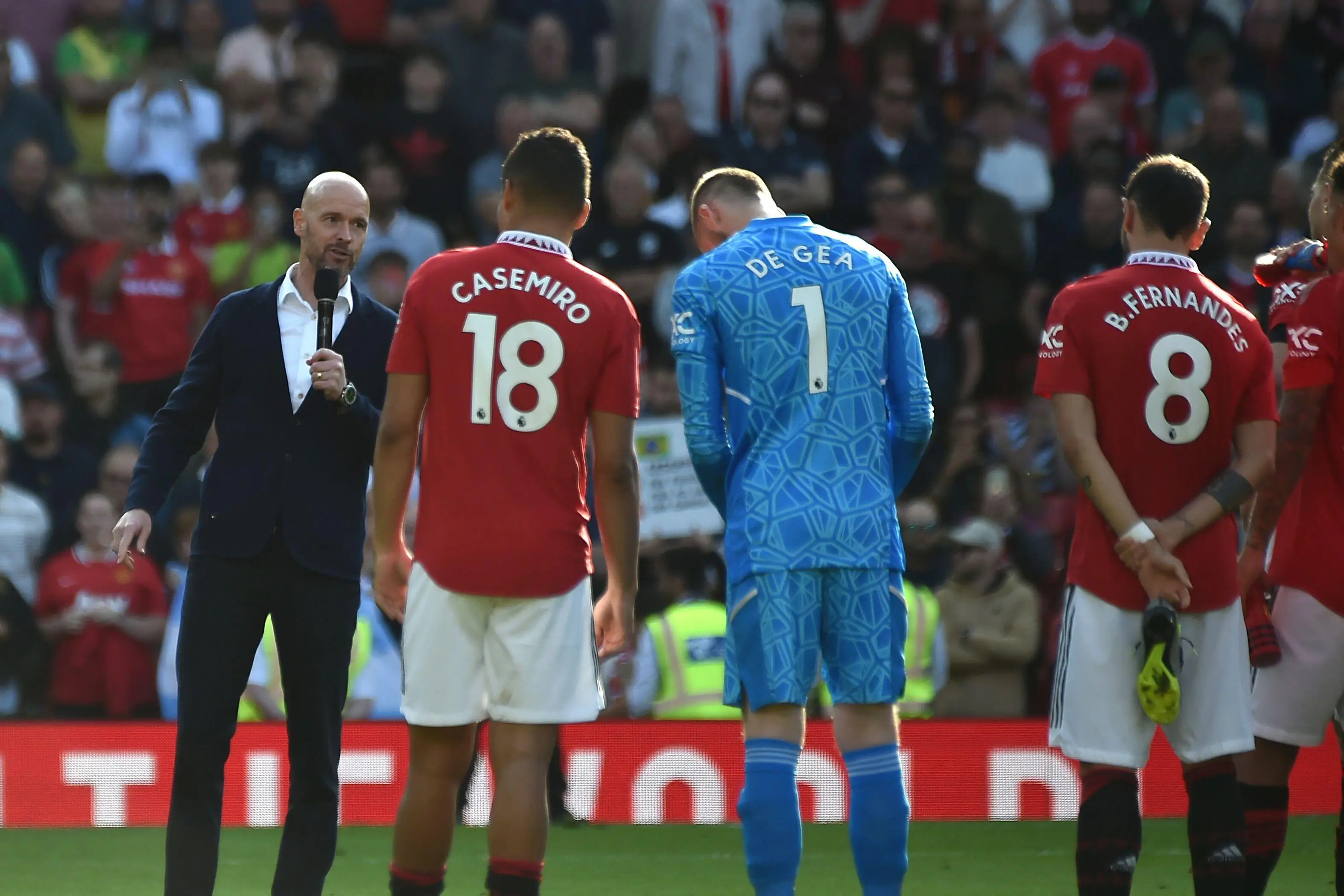 Erik ten Hag during his speech. Image: Alamy
