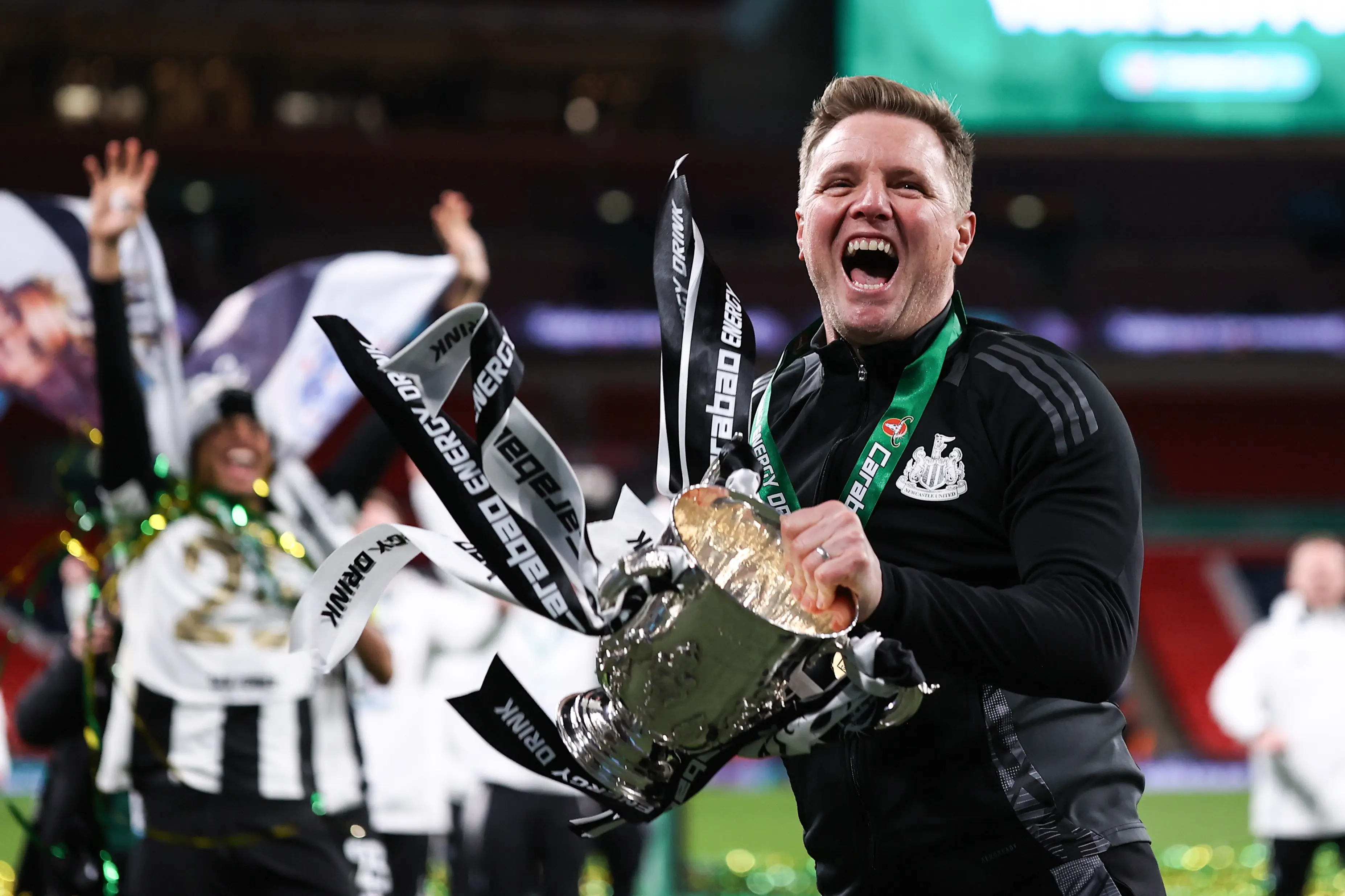 Eddie Howe celebrates winning the Carabao Cup. Image: Getty 