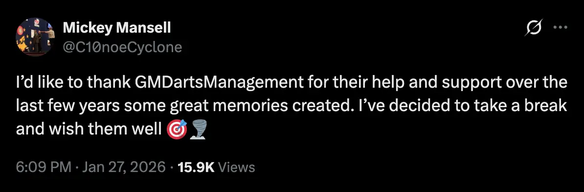 Mansell's post initially caused confusion after his World Masters withdrawal (Image: Twitter/@C10noeCyclone)