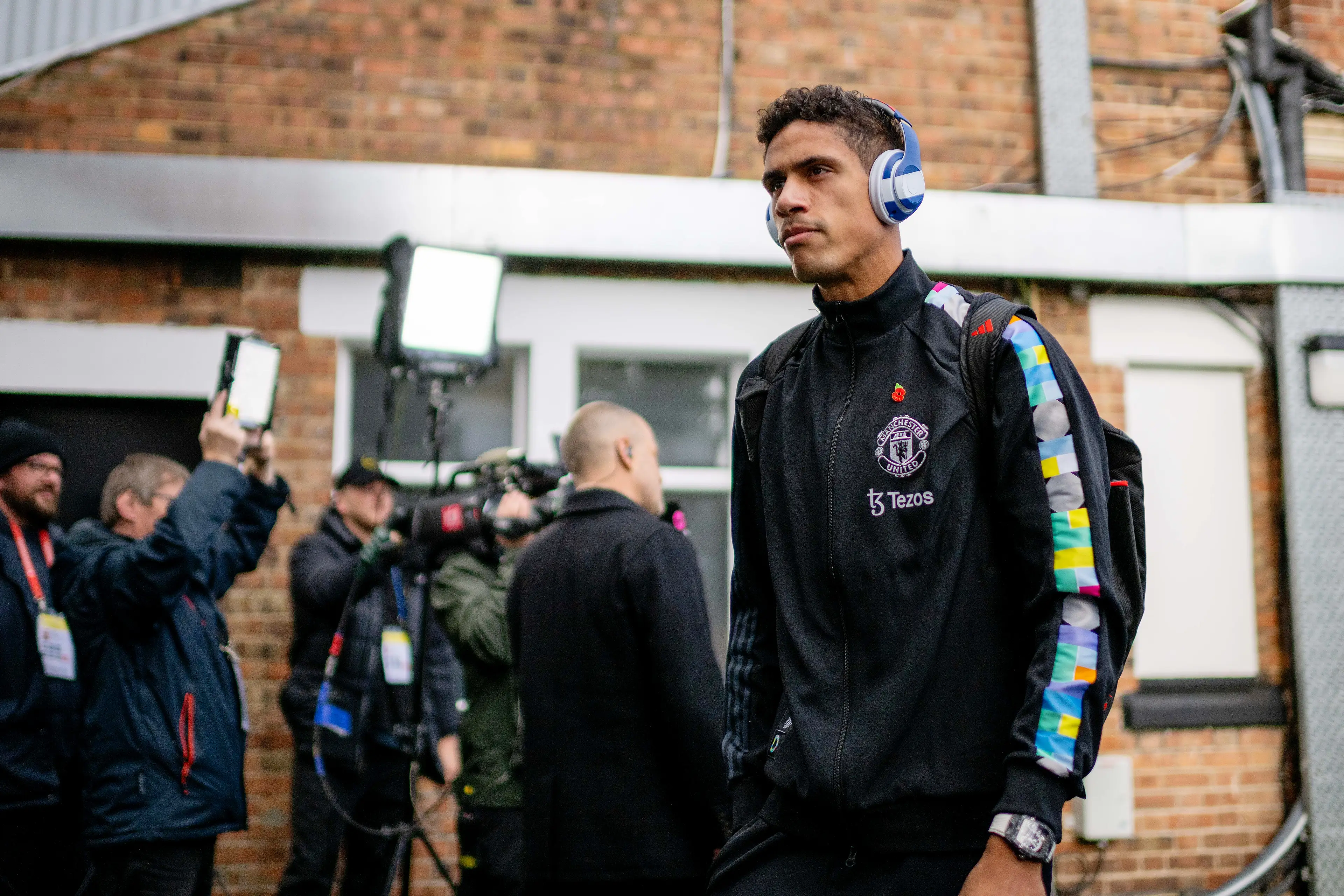 Raphael Varane arrives at Craven Cottage. Image: Getty 