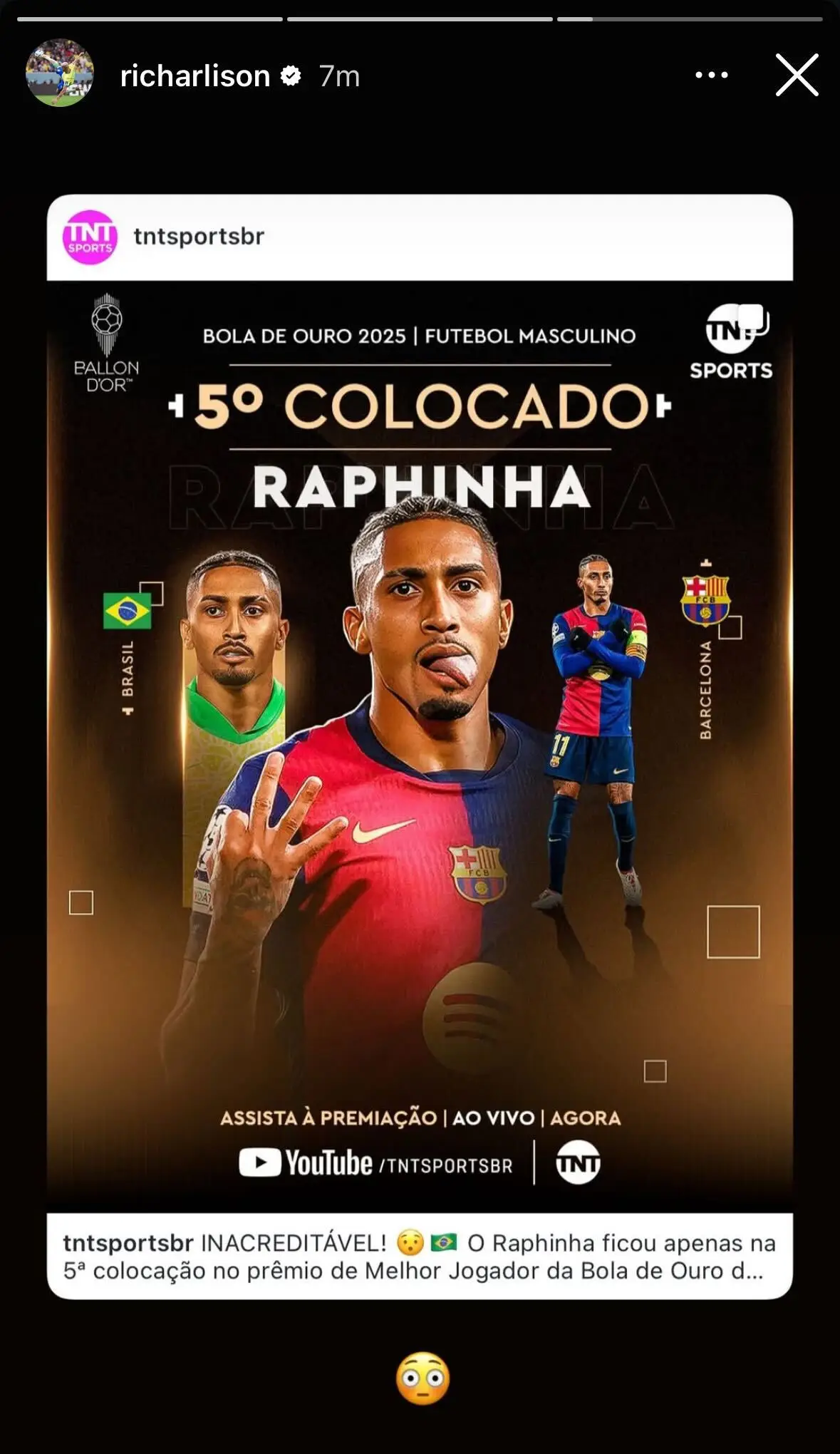 Richarlison was clearly not happy with Raphinha's place in the Ballon d'Or rankings. (Image: Richarlison) 