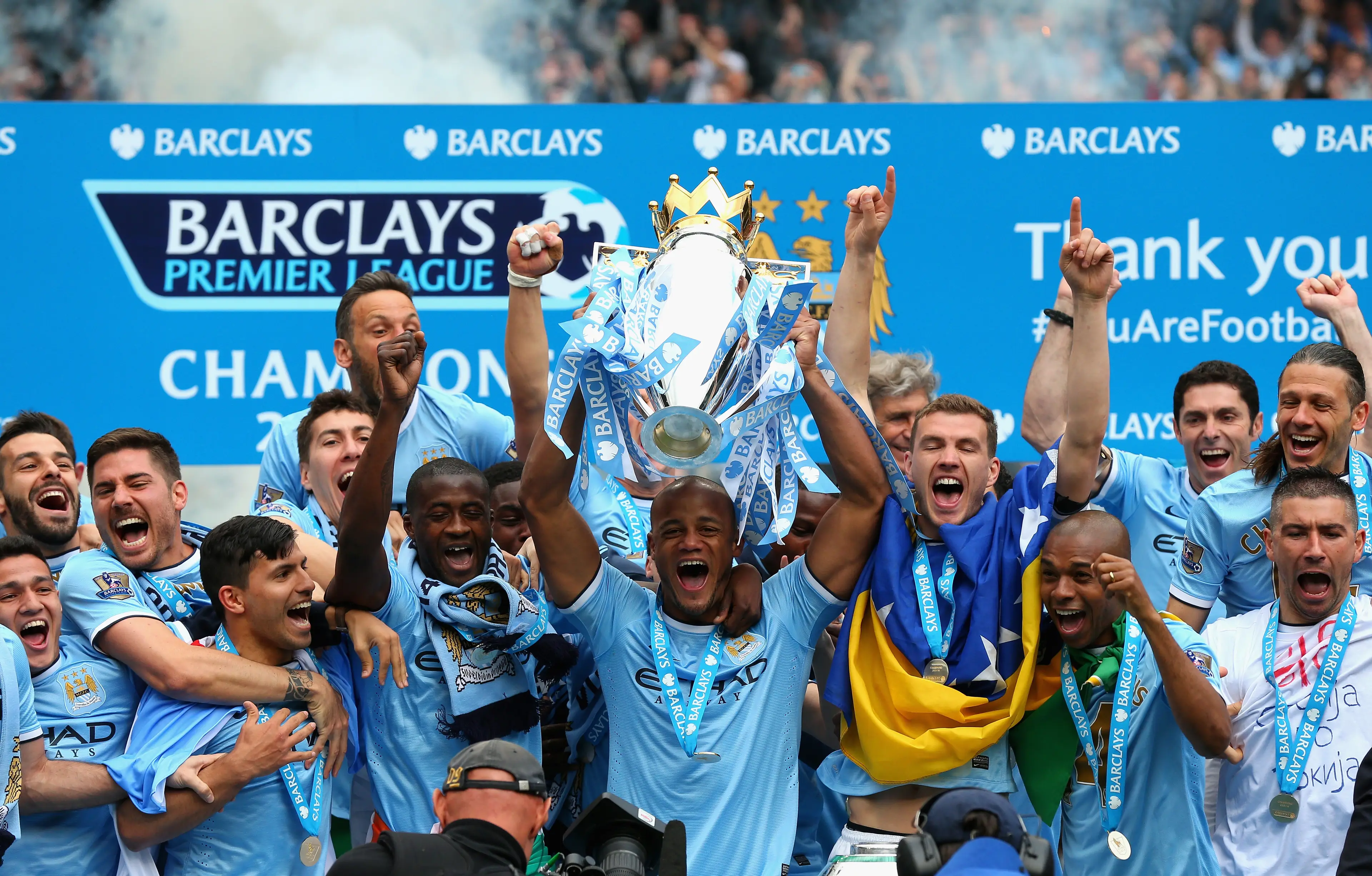 Man City lift the Premier League trophy in 2014. Image credit: Getty