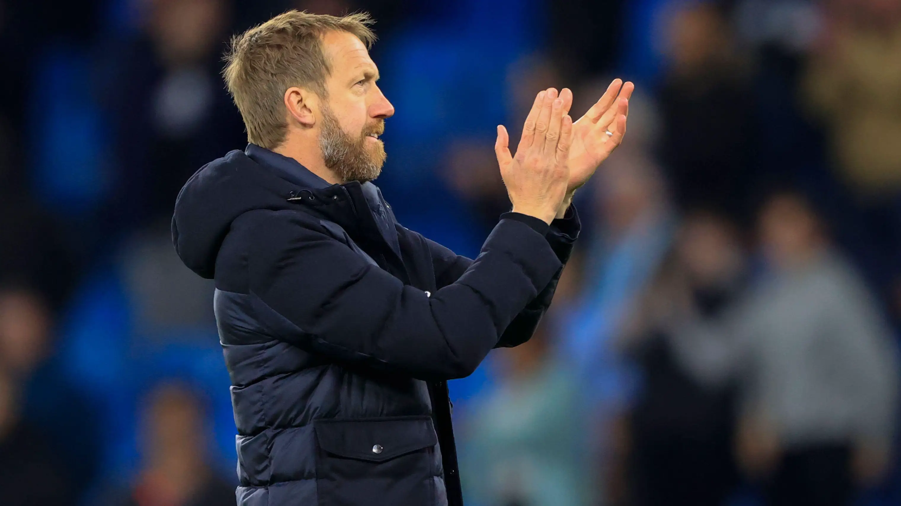 Graham Potter applauds the fans at the end of the game. (Alamy)