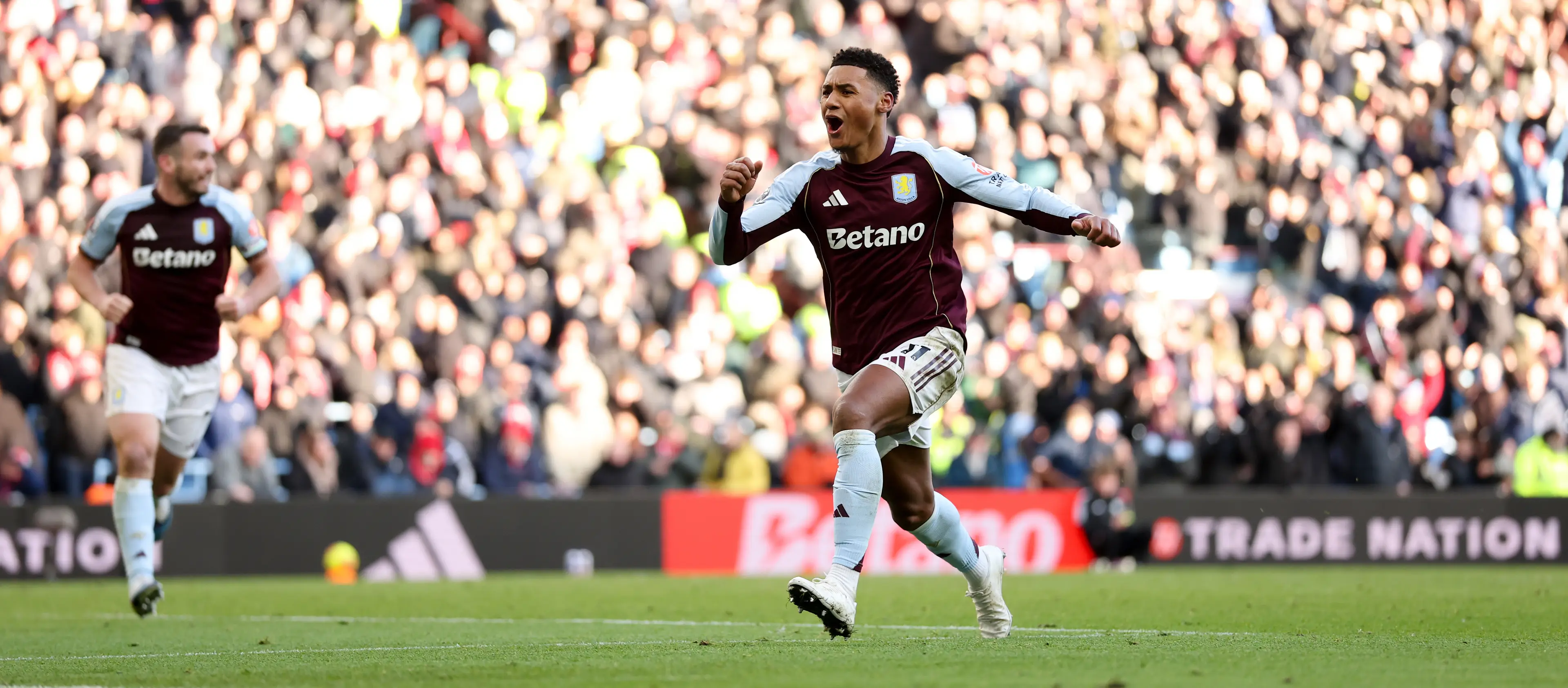 Ollie Watkins wheels away in celebration after scoring against Nottingham Forest. Image: Getty