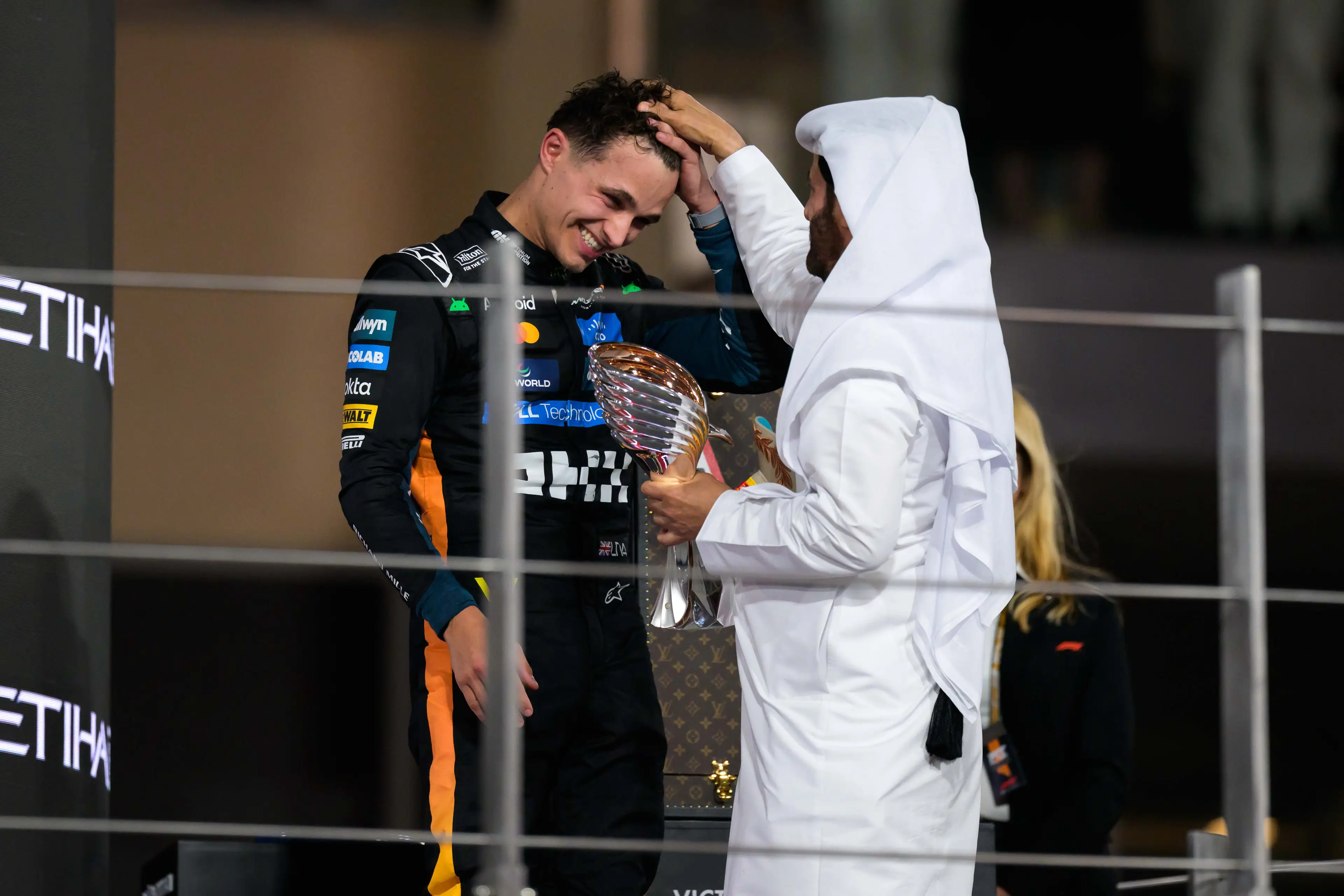 Mohammed Ben Sulayem messes with Lando Norris' hair at the Abu Dhabi Grand Prix. Image: Getty 