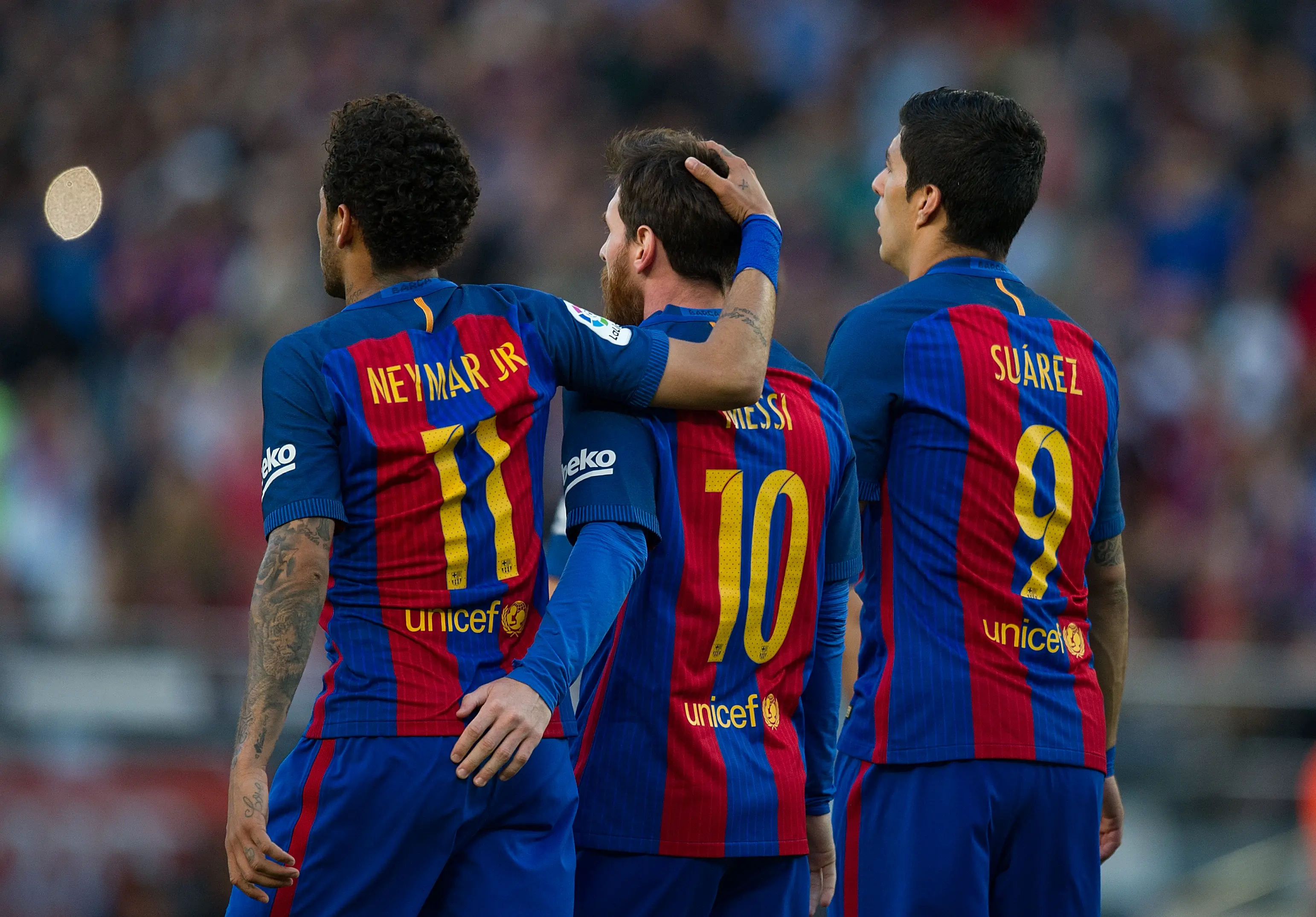 Lionel Messi, Luis Suarez and Neymar Jr together at Barcelona (Image: Getty)