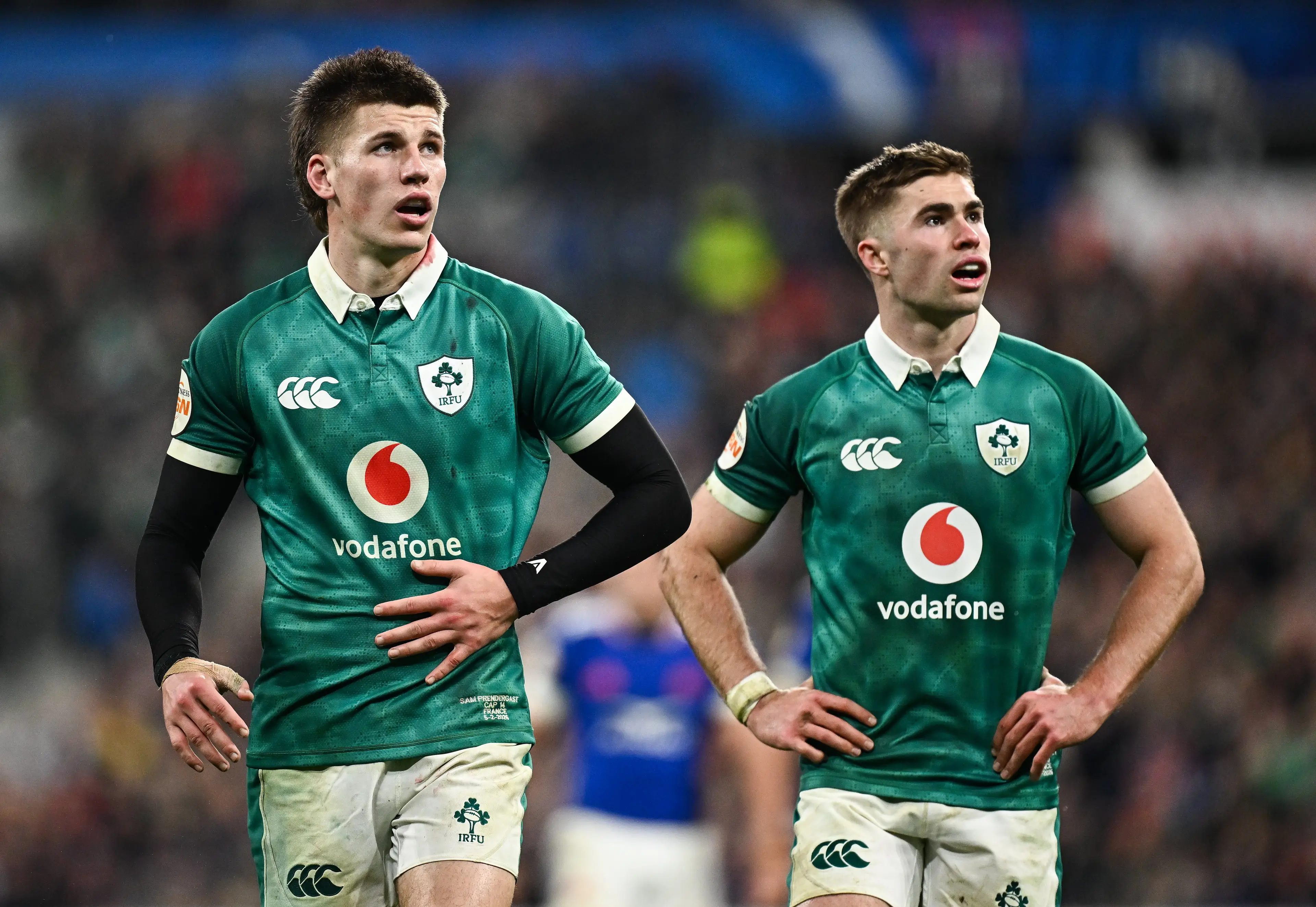 Sam Prendergast and Jack Crowley for Ireland against France in the Six Nations. (Getty Images)