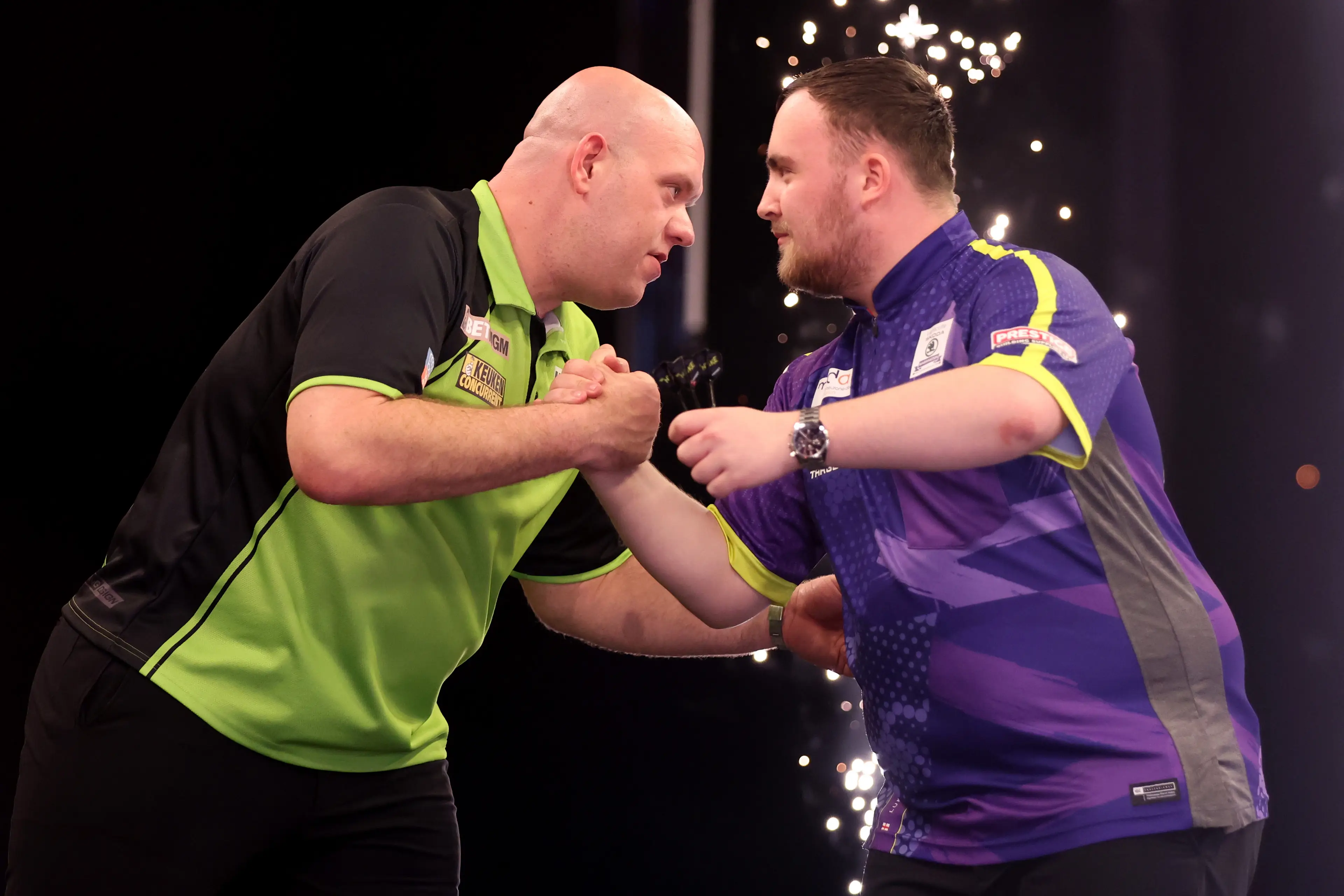 Luke Littler and Michael van Gerwen meet on Night One of the new Premier League Darts campaign. Image: Getty 