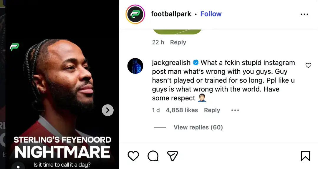 Grealish commented on the post. Image credit: Instagram