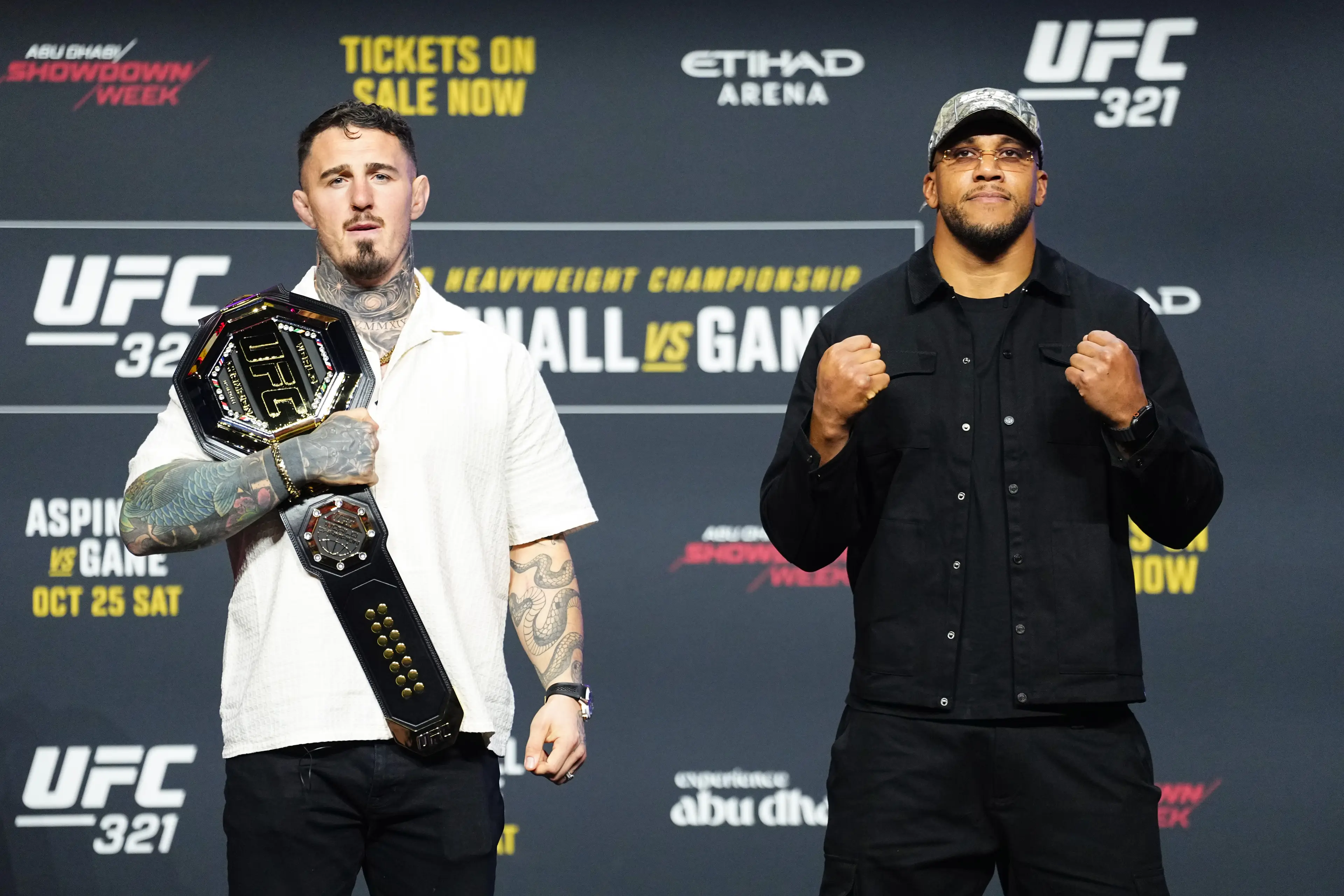 Tom Aspinall defends his UFC heavyweight title against Ciryl Gane at UFC 321. Image: Getty 