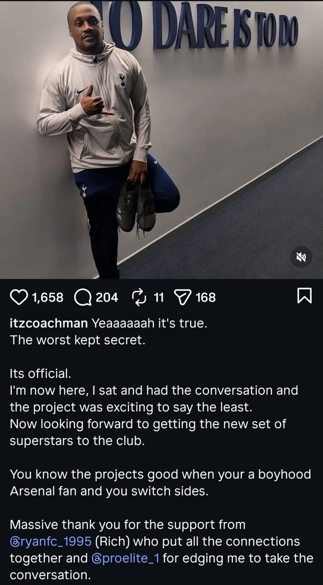 Neros Coachman is working as an academy scout for Spurs despite being an Arsenal fan. Image: Instagram/@itzcoachman