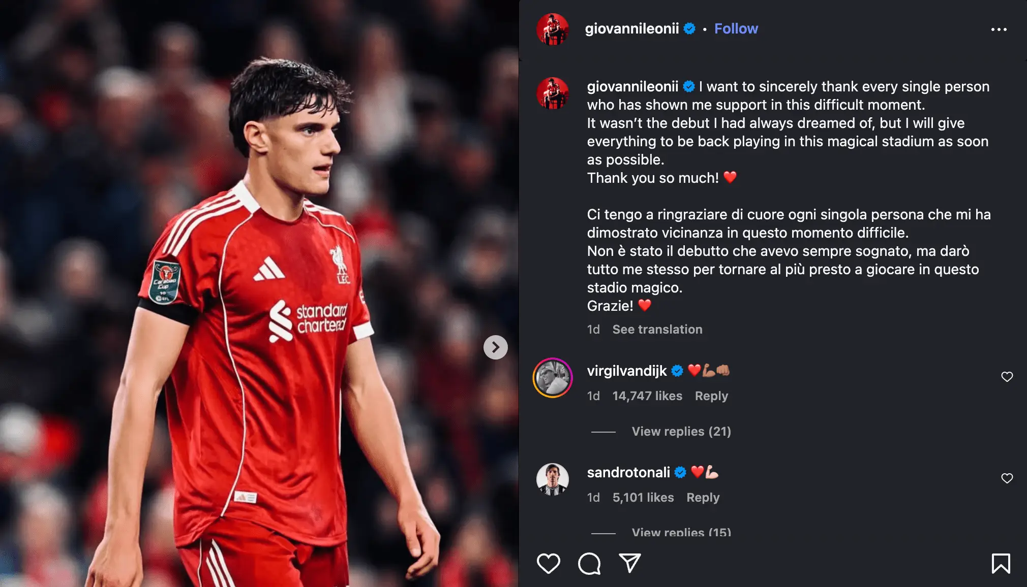 Giovanni Leoni posted to Instagram after his injury was confirmed (Image: Instagram/Giovanni Leoni)