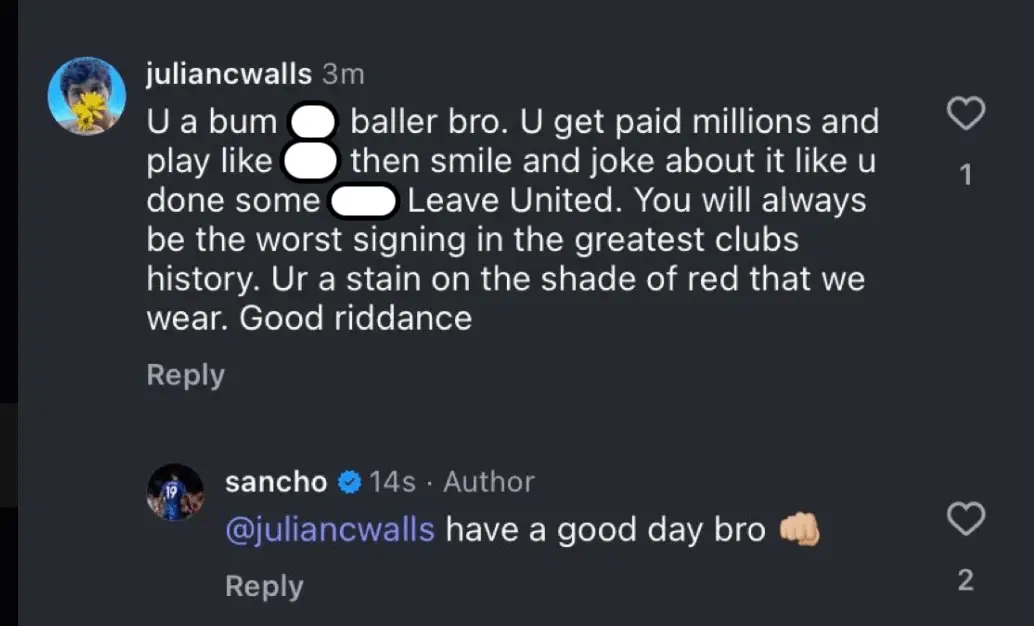 Sancho responded to a fan on social media (Image: Instagram)
