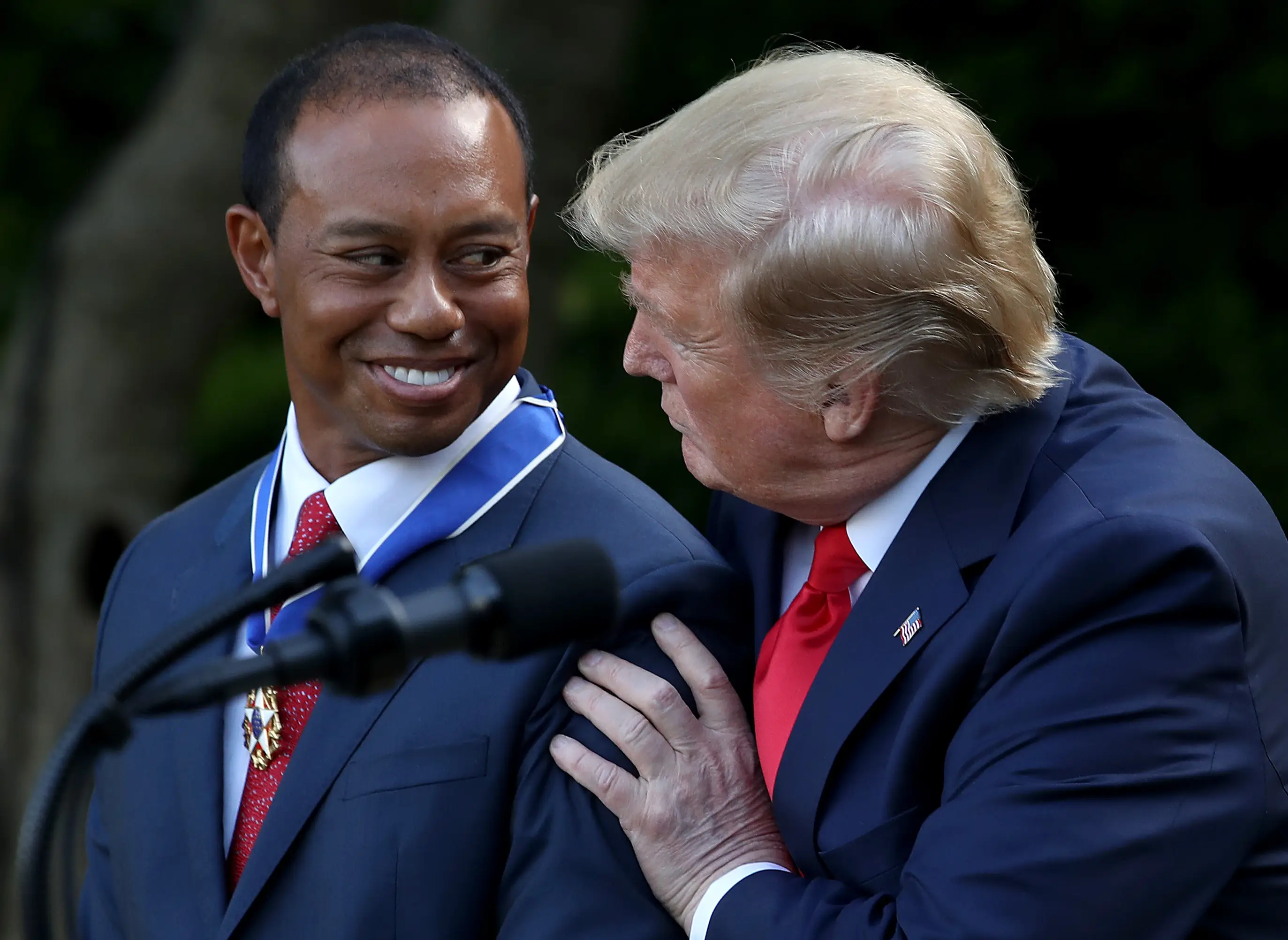 Donald Trump presents Tiger Woods with the Medal of Freedom during a ceremony in the Rose Garden at the White House. Image: Getty 