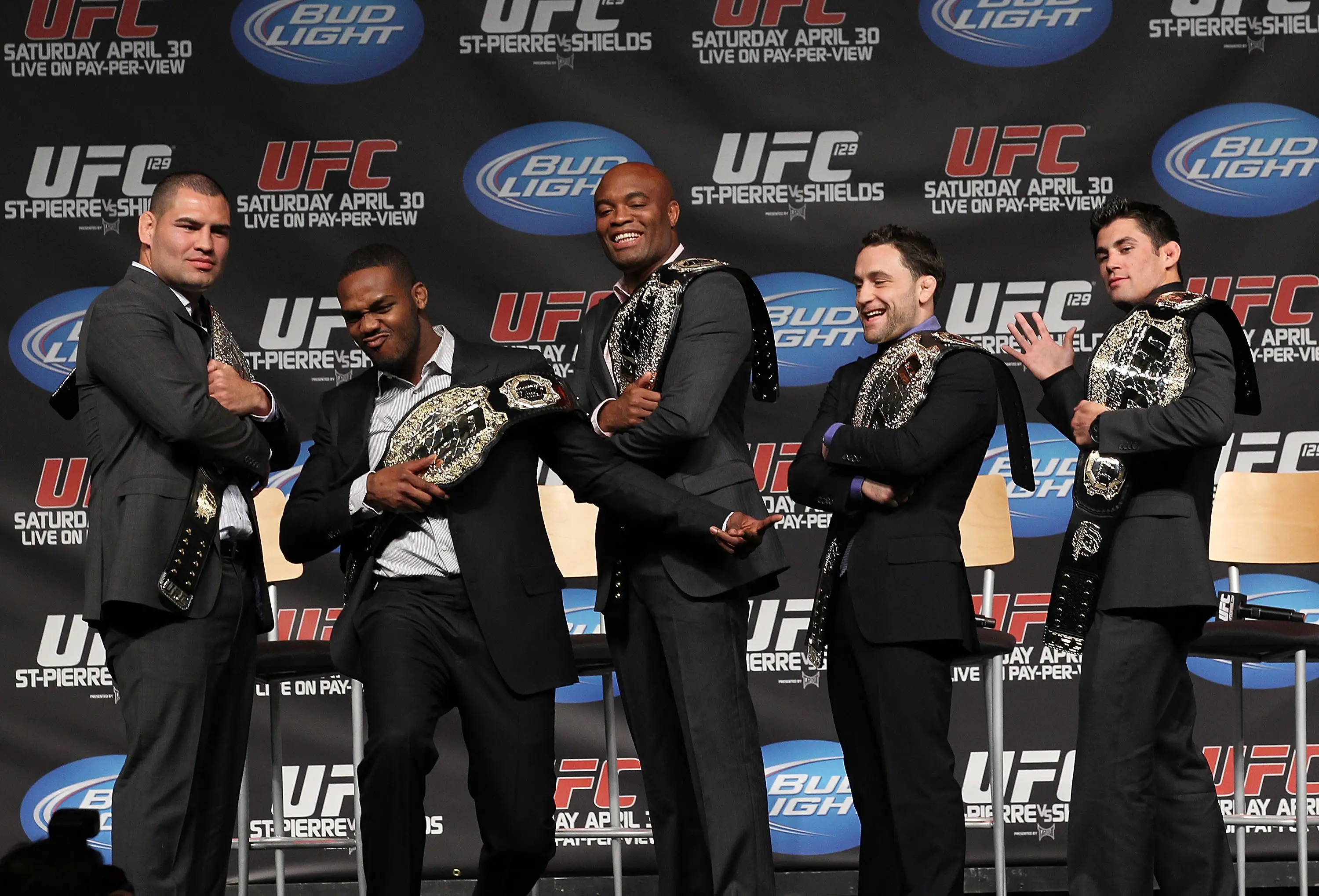 Cain Velasquez, Jon Jones, Anderson Silva, Frankie Edgar and Dominick Cruz during UFC's 'Super 7' press conference. Image: Getty