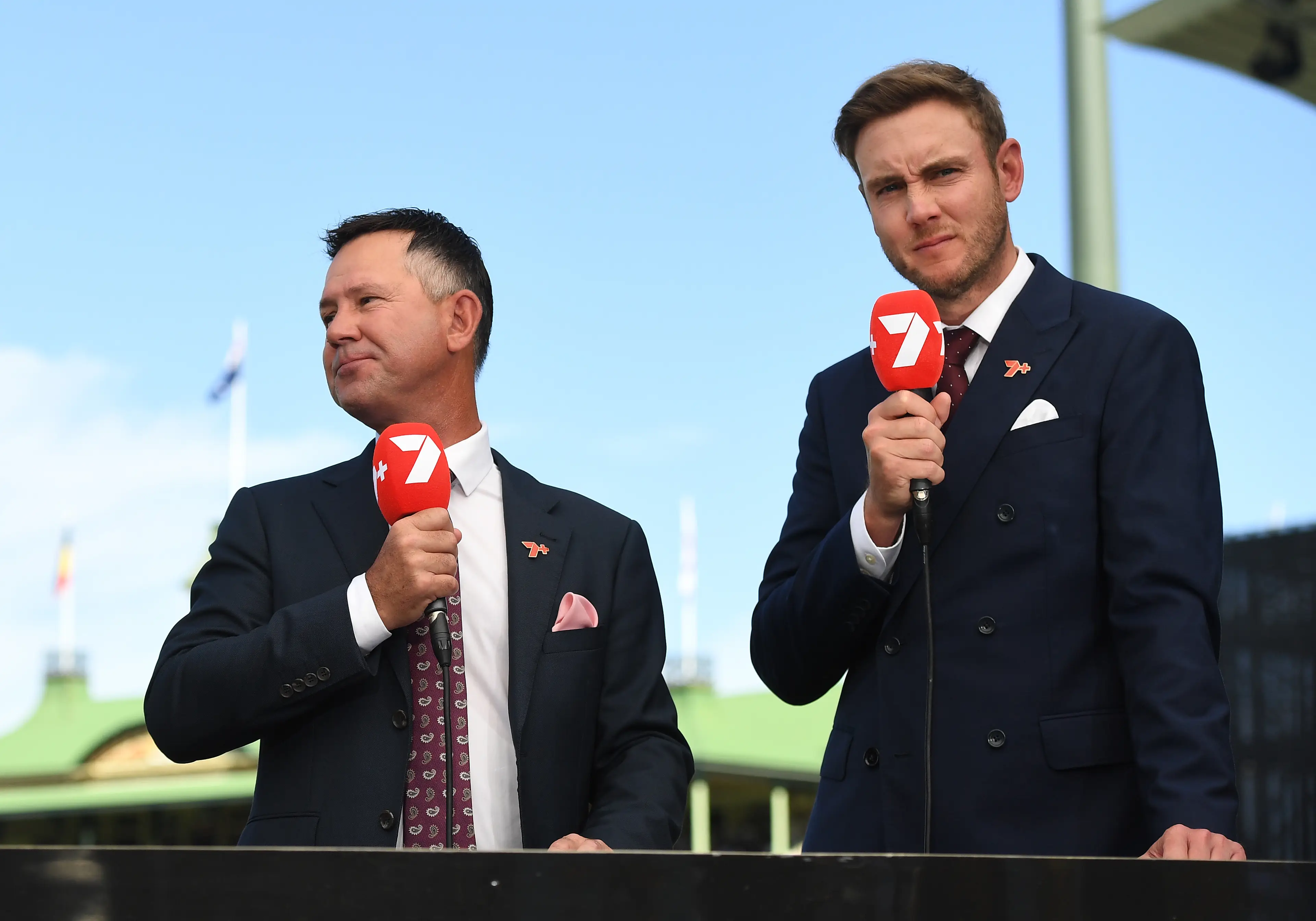 Stuart Broad and Ricky Ponting working for Channel 7. Image: Getty 