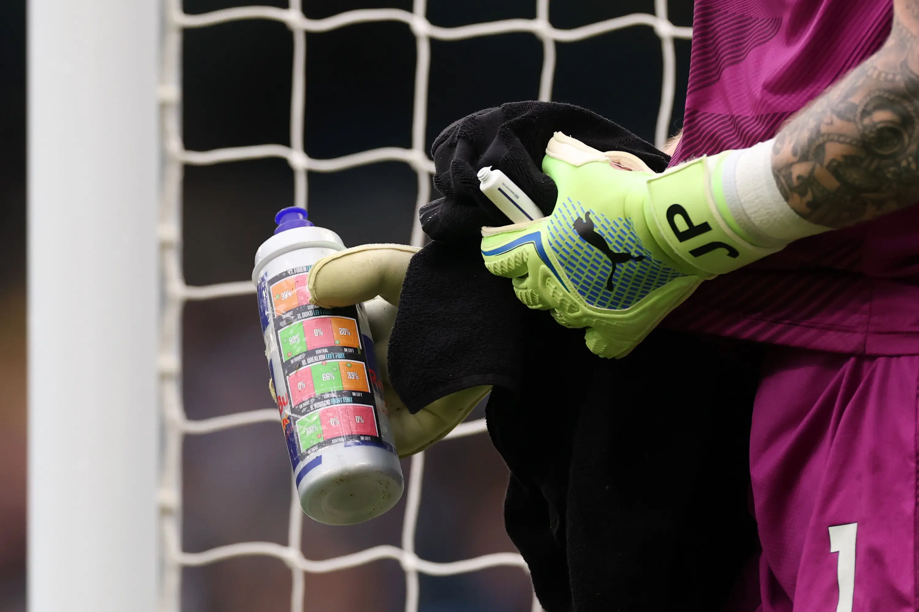 Jordan Pickford had intel on Manchester City's penalty takers on his water bottle. Image: Getty 