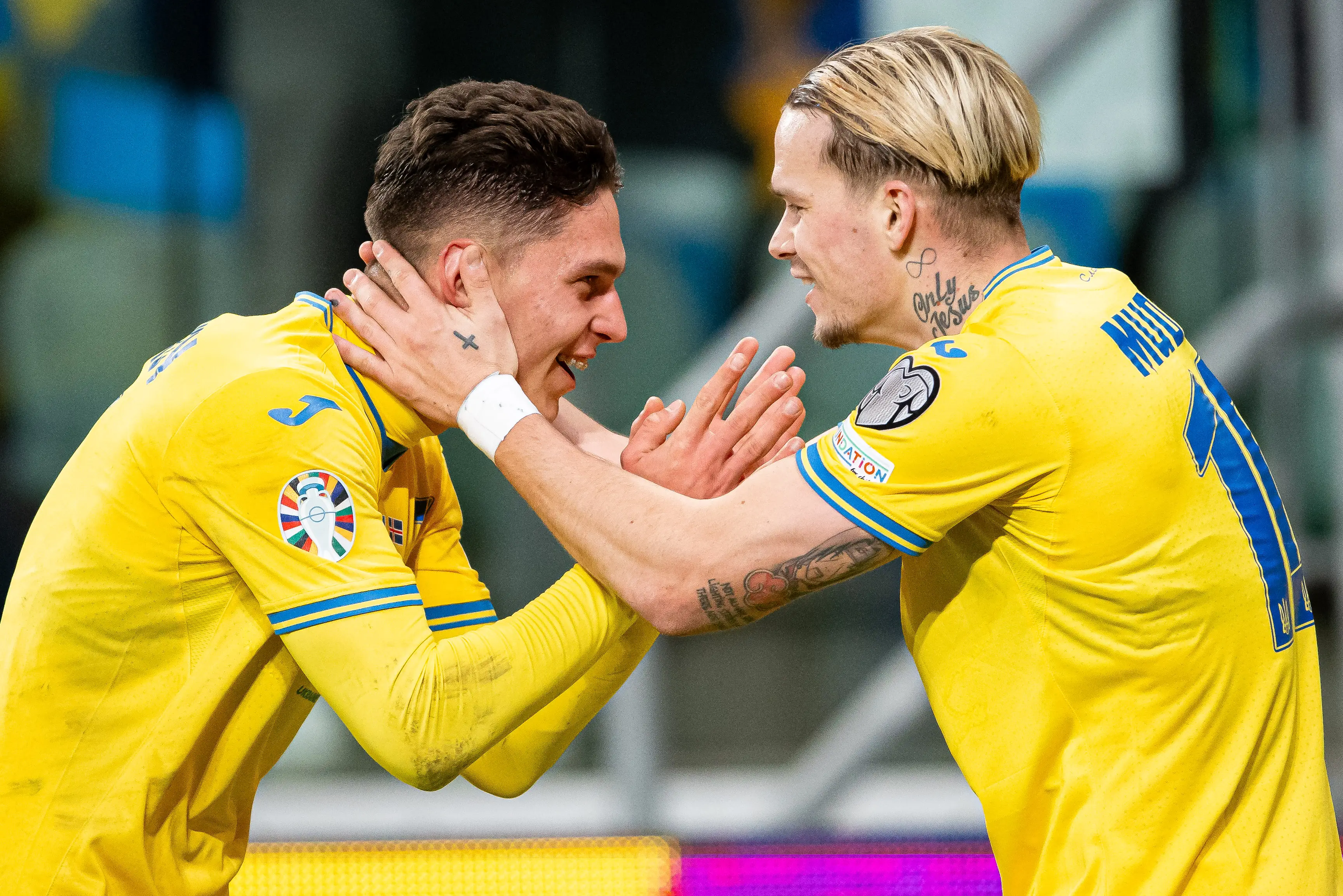 Georgiy Sudakov and Mykhailo Mudryk celebrate a Ukraine goal. Image: Getty