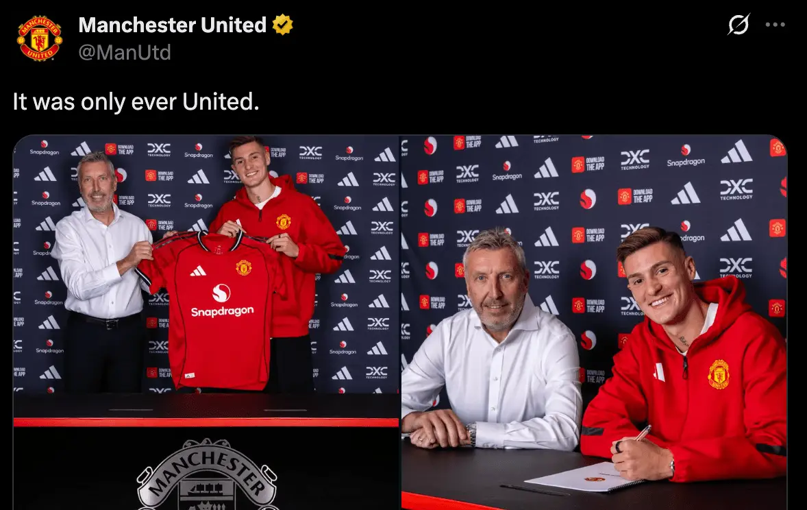 Manchester United announced the signing of Benjamin Sesko on Saturday (Image: Twitter/@ManUtd)