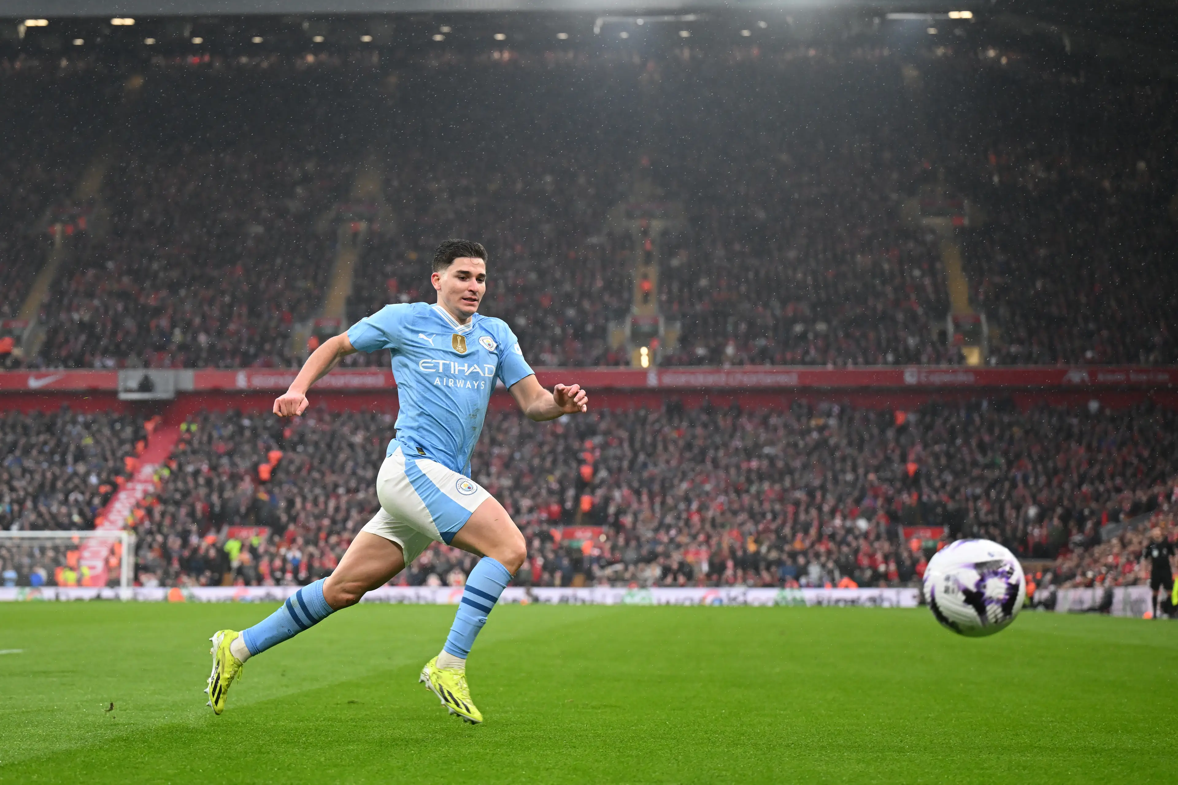 Julian Alvarez in action for Manchester City against Liverpool. Image: Getty 