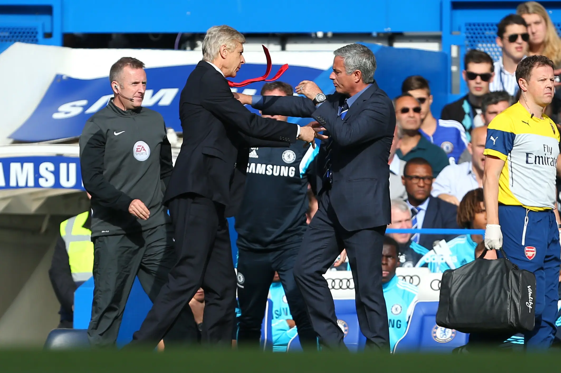 Things got physical between Wenger and Mourinho. Image credit: Getty