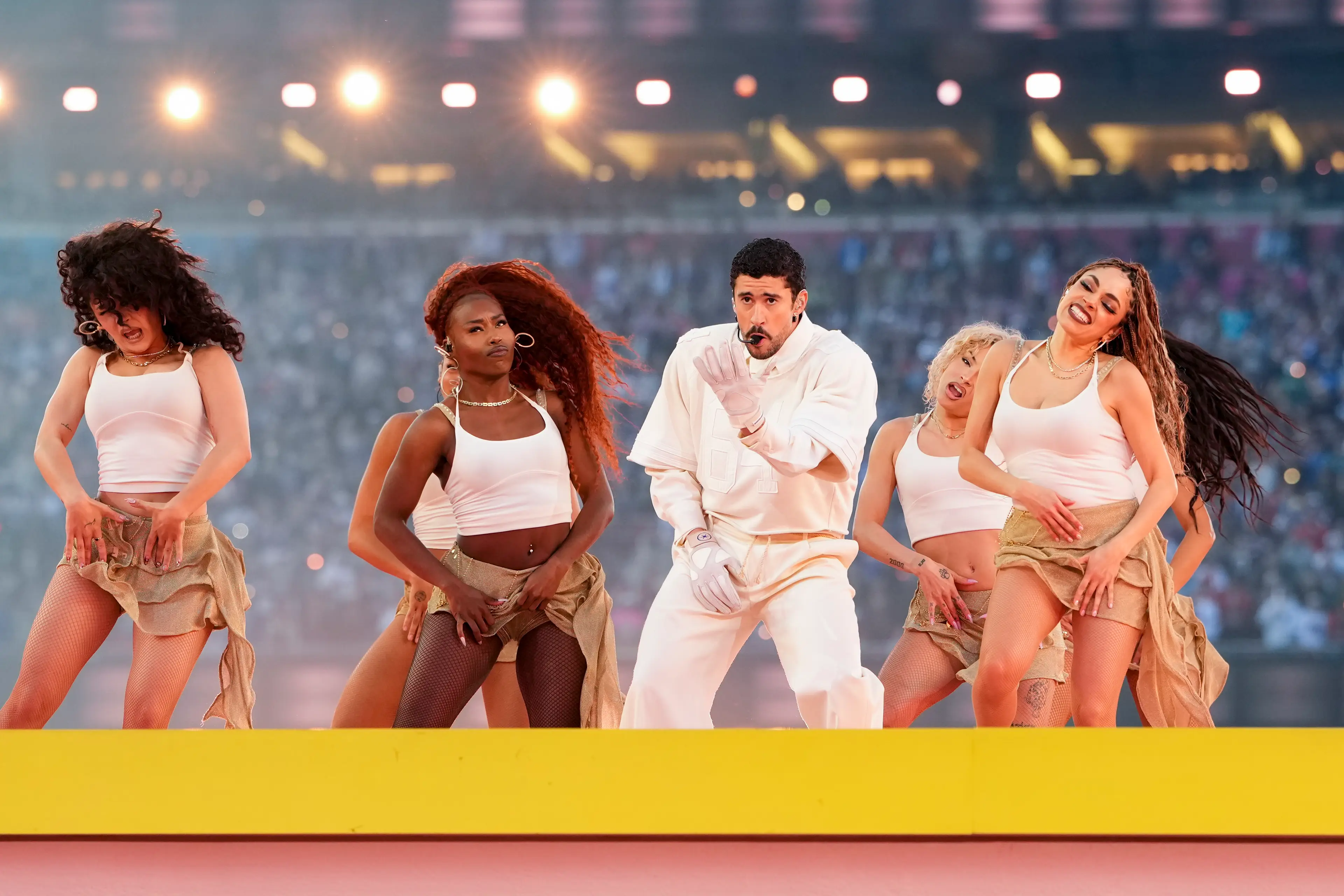 Bad Bunny during Super Bowl LX halftime show. Image: Getty 