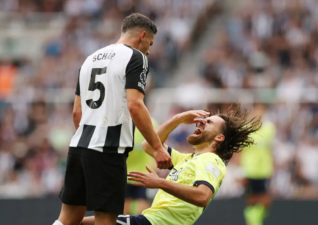 Newcastle United's Fabian Schar was shown a red card after 'headbutting' Ben Brereton Diaz of Southampton. (Image: Getty)