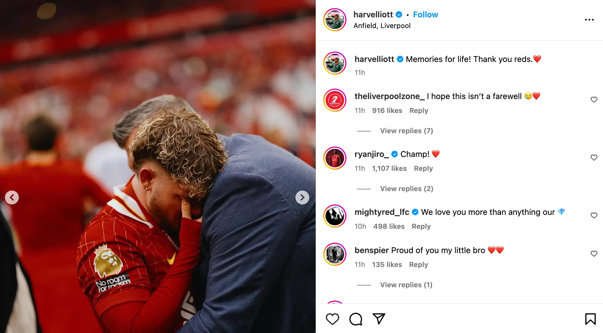 Elliott penned an emotional message on Instagram after Sunday's game. Image credit: Instagram/harvelliott 