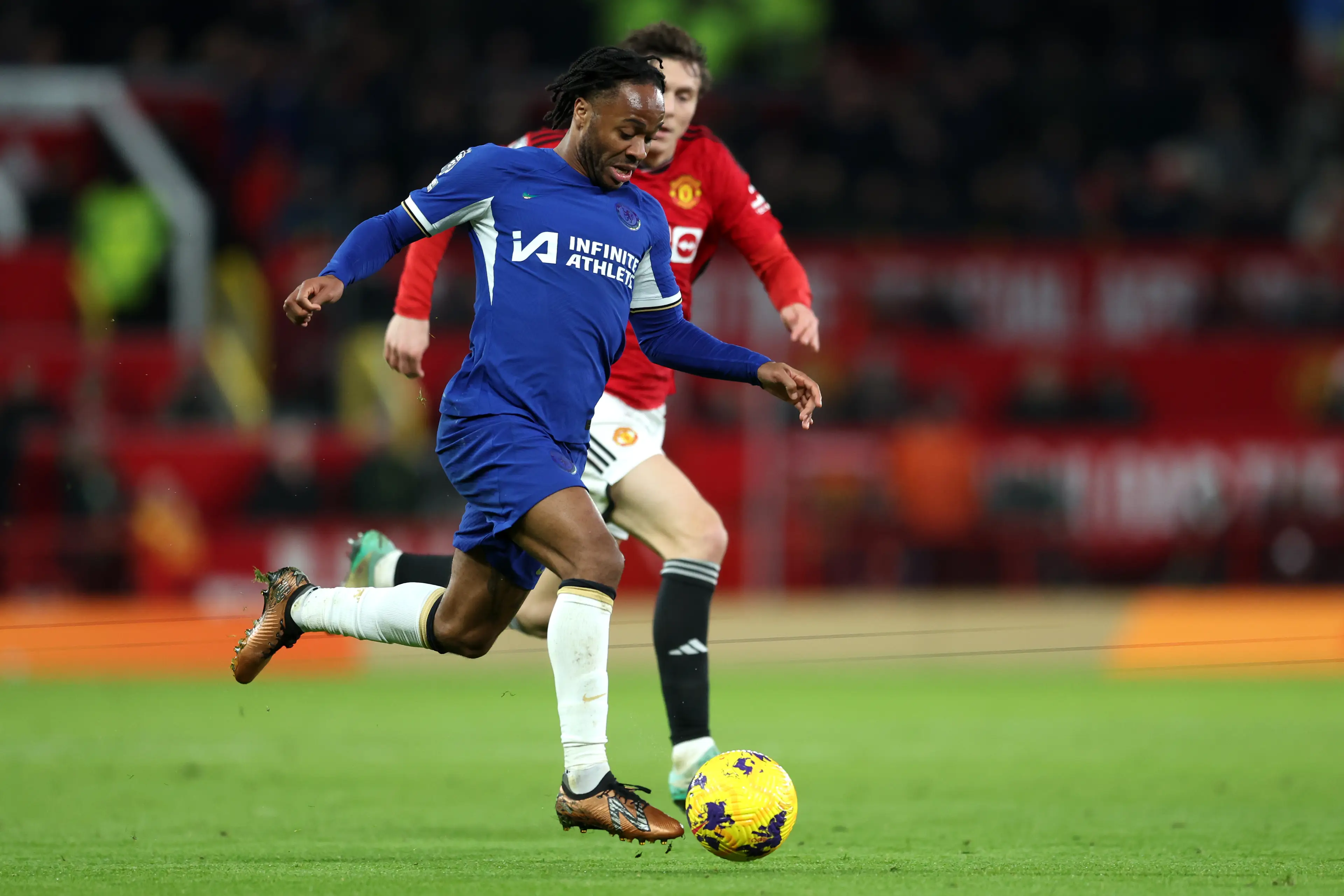 Raheem Sterling in action against Manchester United at Old Trafford. Image: Getty