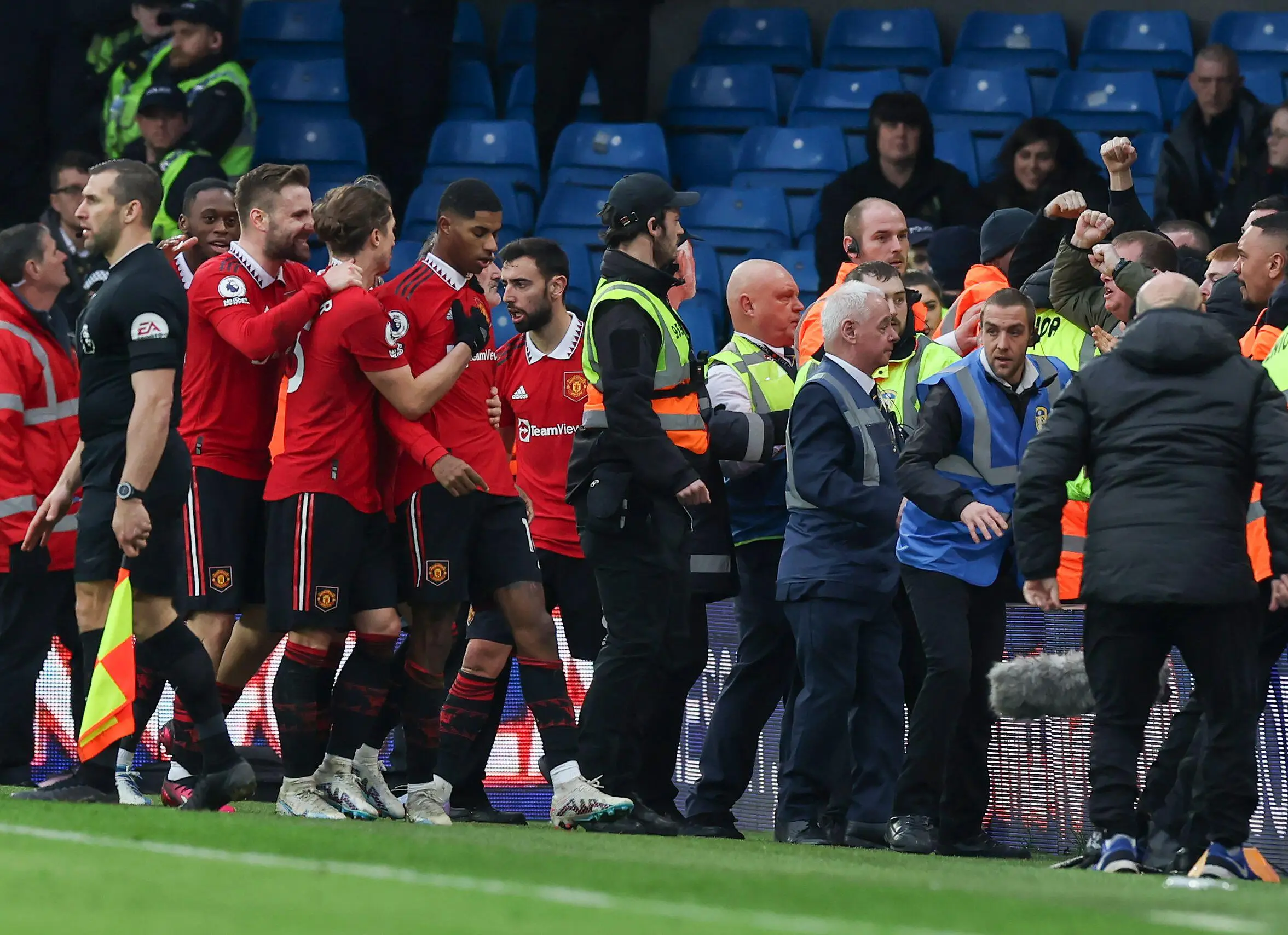 Manchester United celebrate scoring a goal against Leeds United. Image Alamy