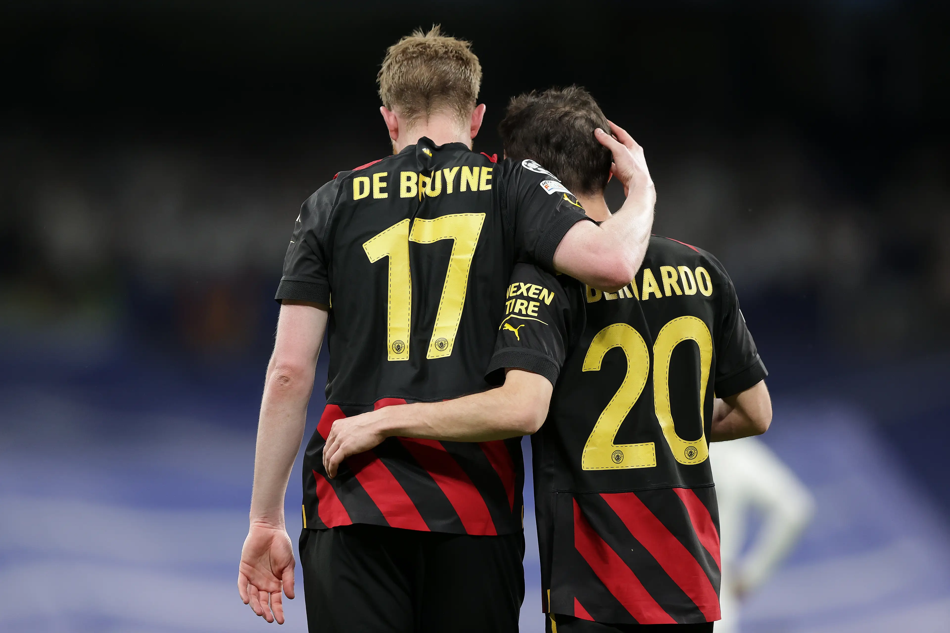 Kevin De Bruyne and Bernardo Silva celebrate together. Image: Getty