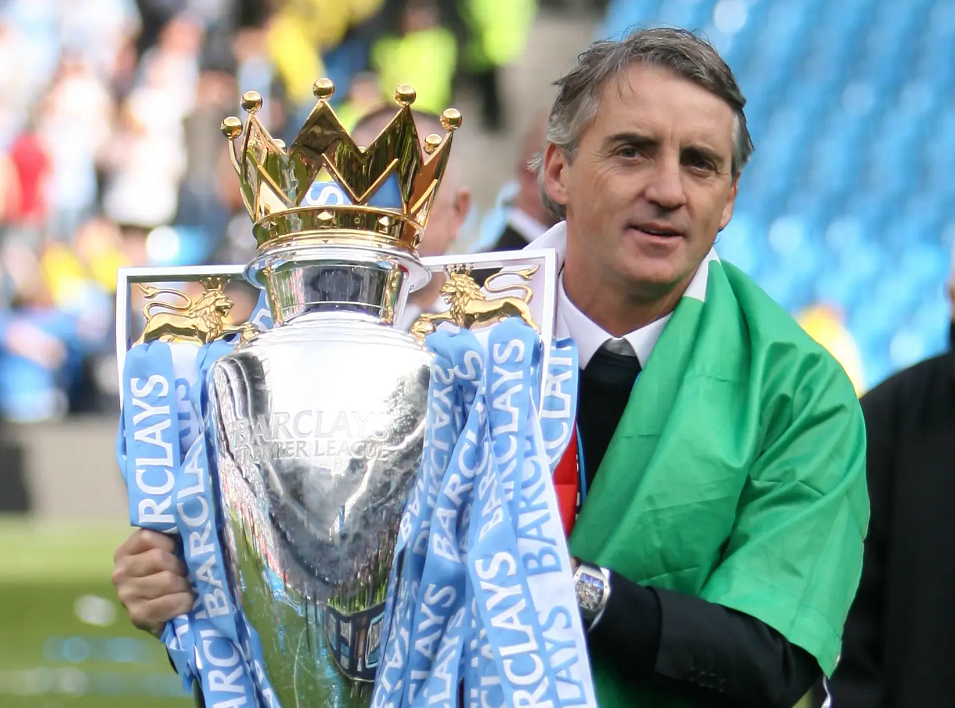 Roberto Mancini celebrates winning the Premier League with Manchester City. Image: Getty