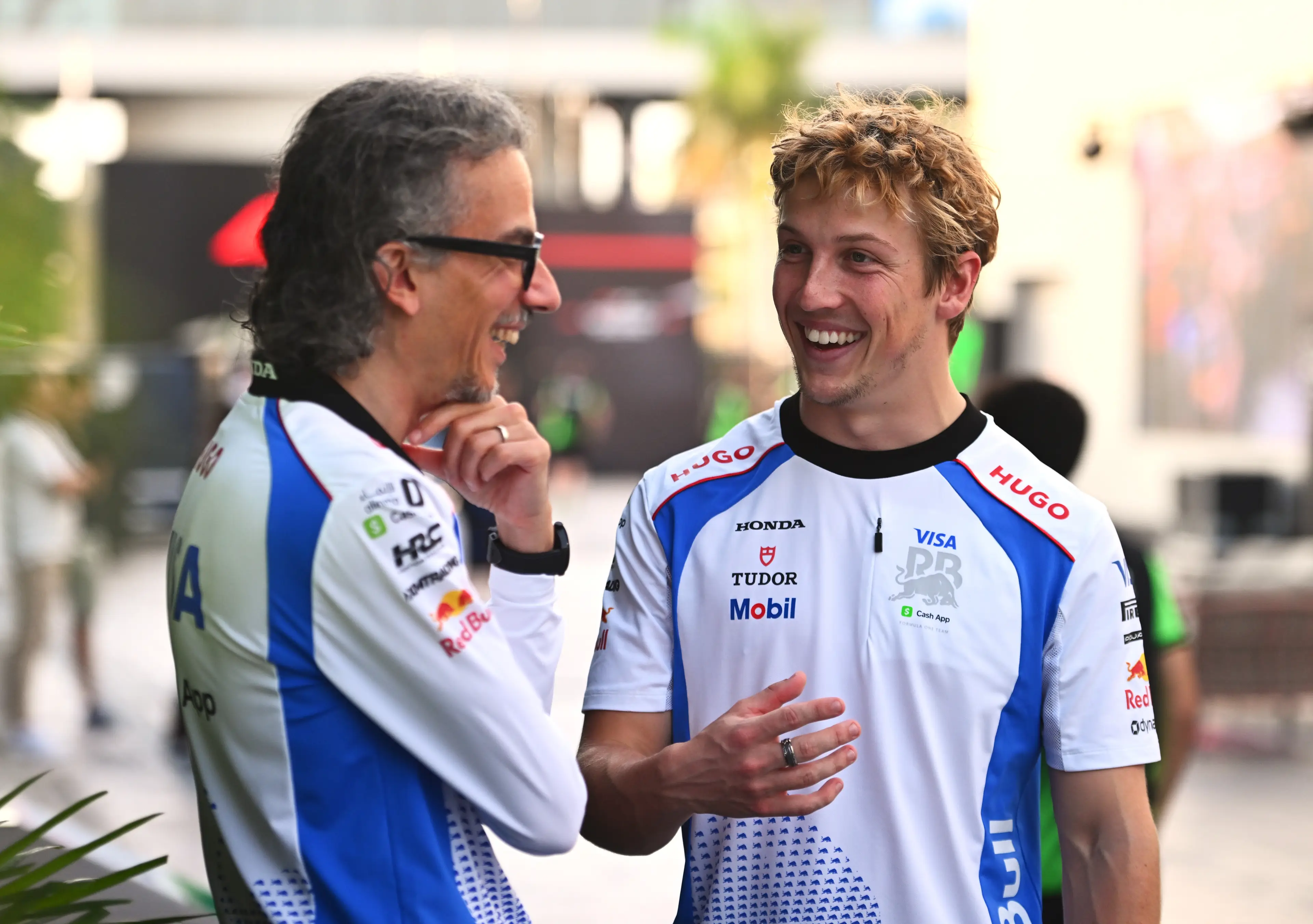 Laurent Mekies and Liam Lawson. (Image: Getty)