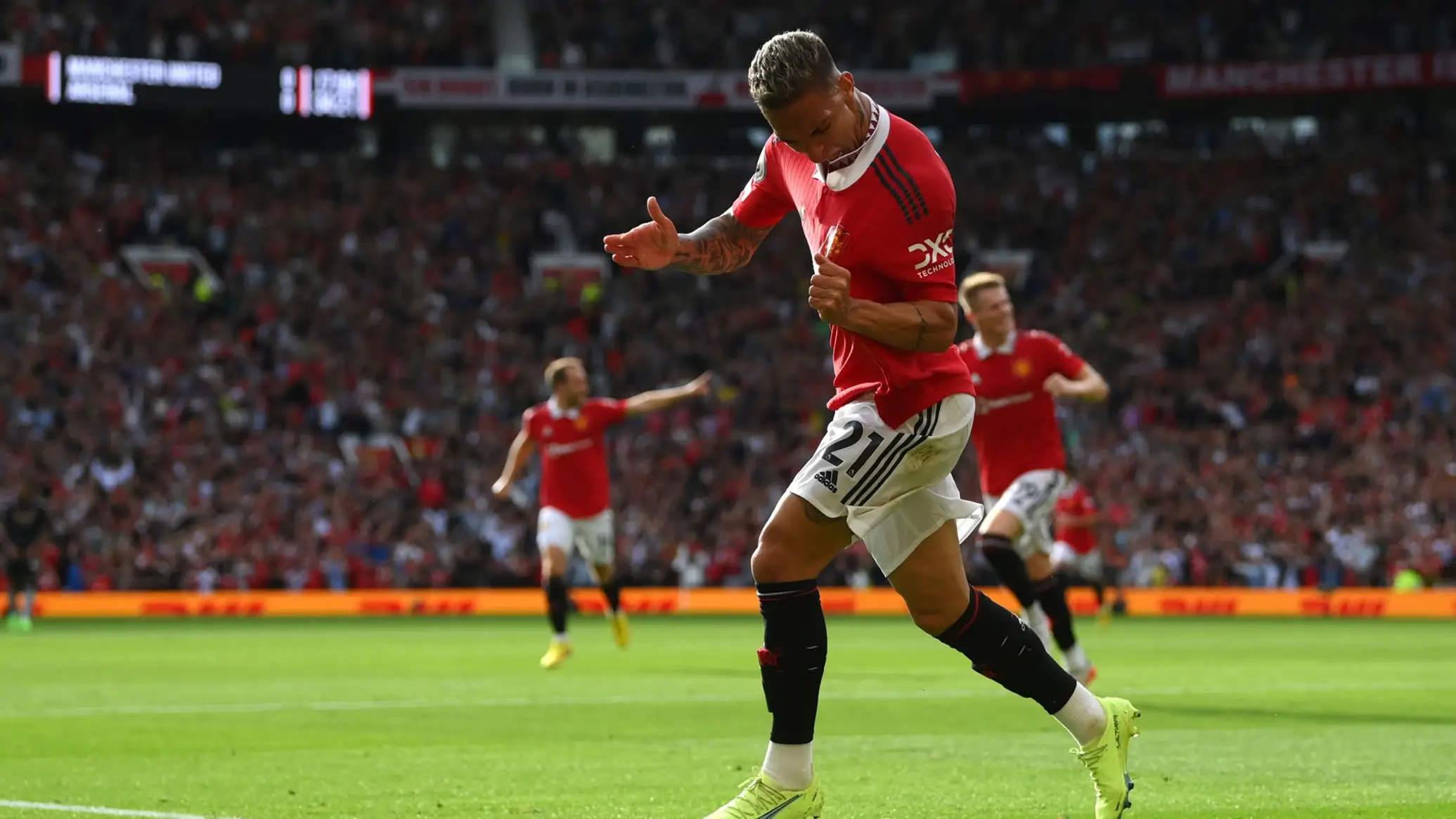 Antony scores his first goal for Manchester United against Arsenal. (Man Utd)