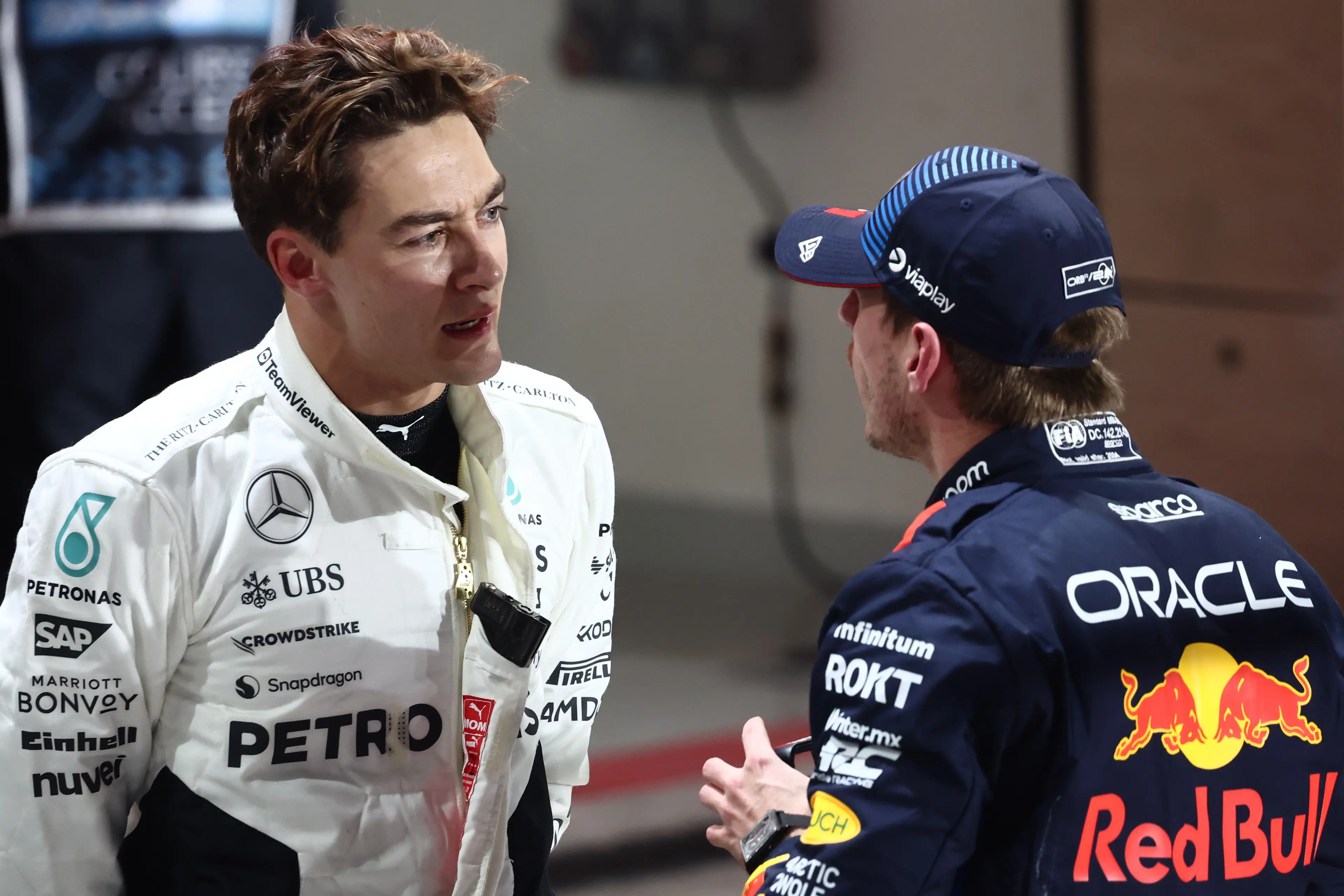 George Russell and Max Verstappen at the Qatar Grand Prix. Image: Getty