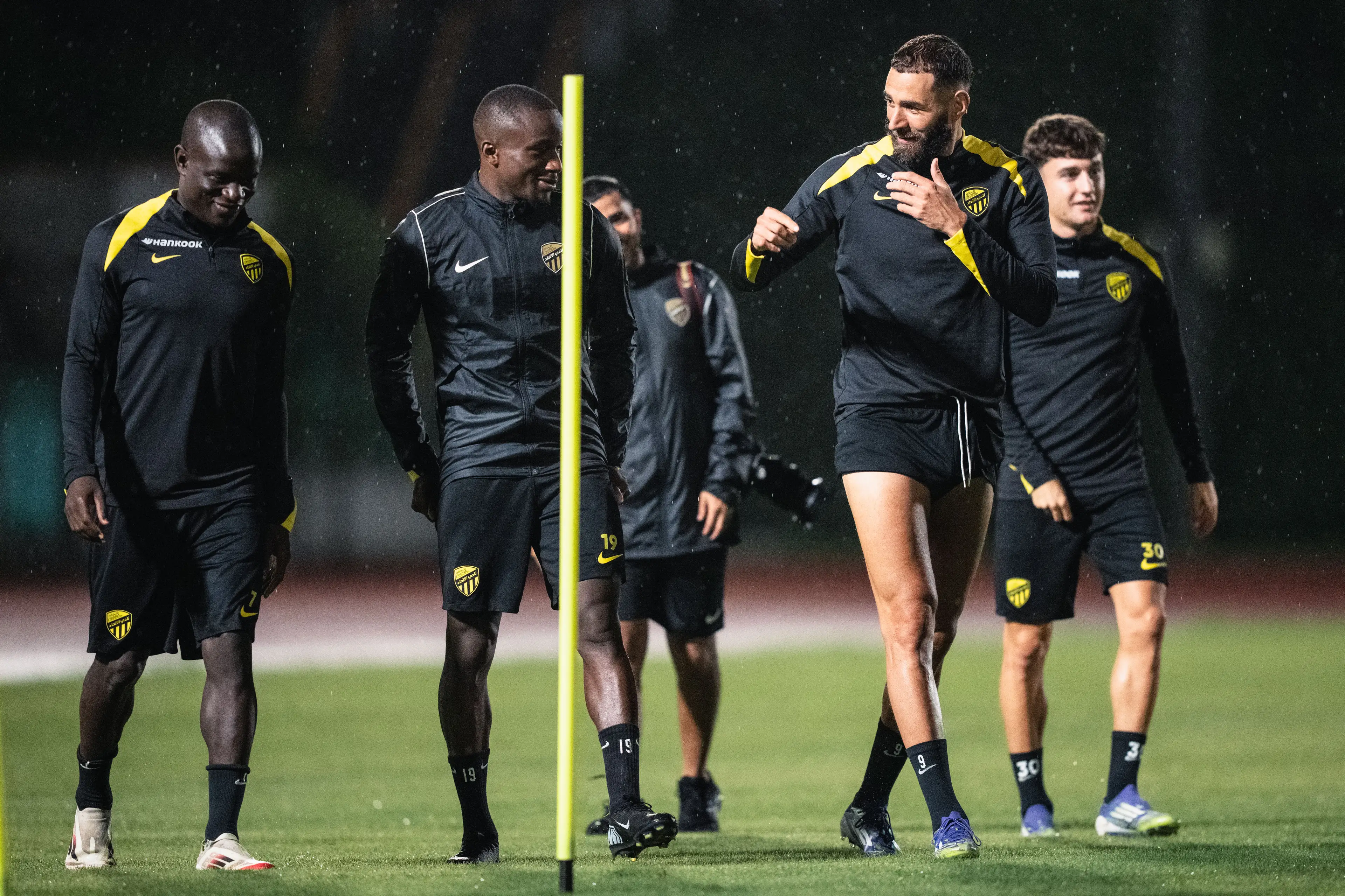Karim Benzma, Moussa Diaby and N'Golo Kante pictured in Al Ittihad training. Image credit: Getty