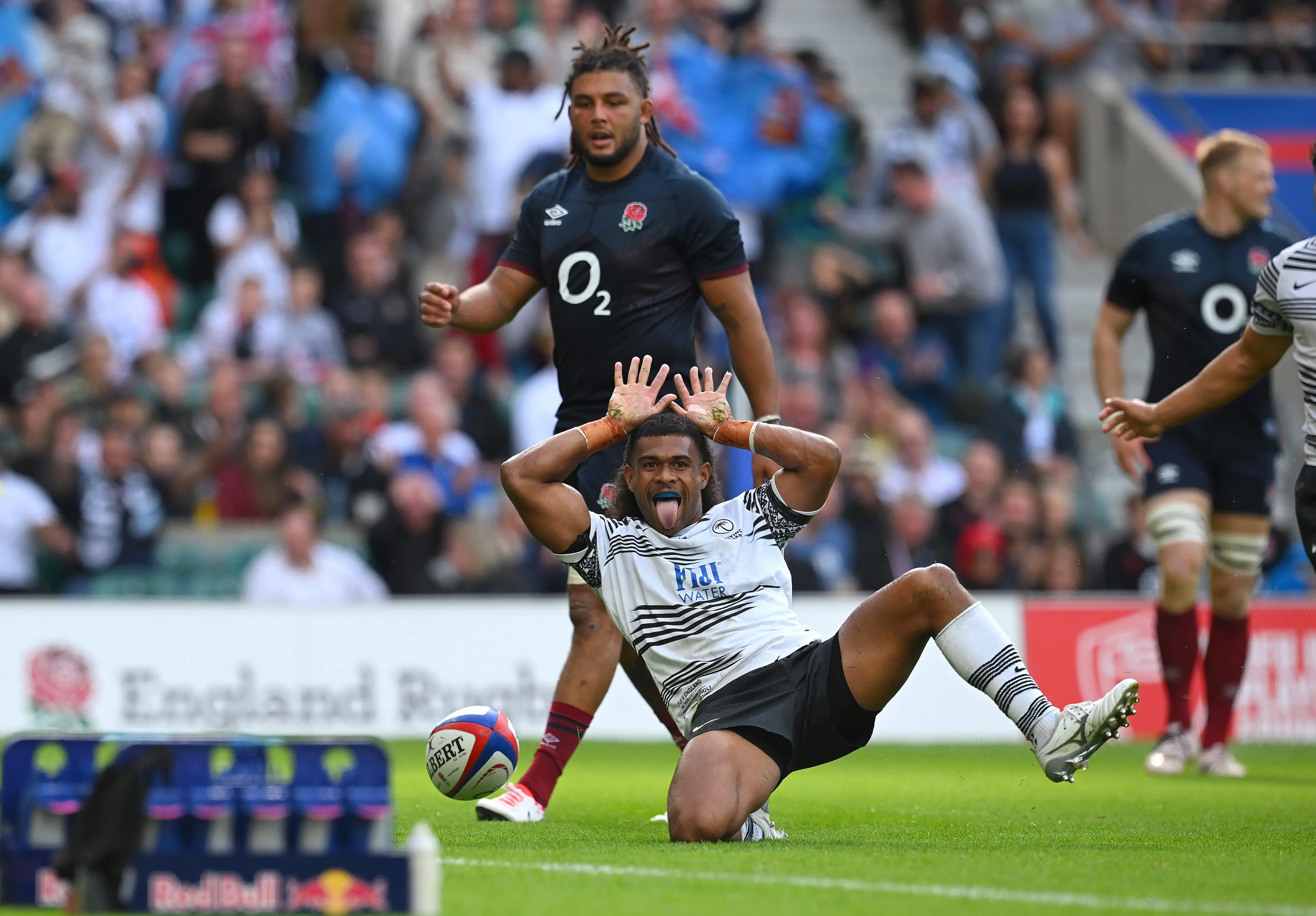 Simione Kuruvolia of Fiji celebrates scoring the team's third try during the Summer International match between England and Fiji (Getty Images)