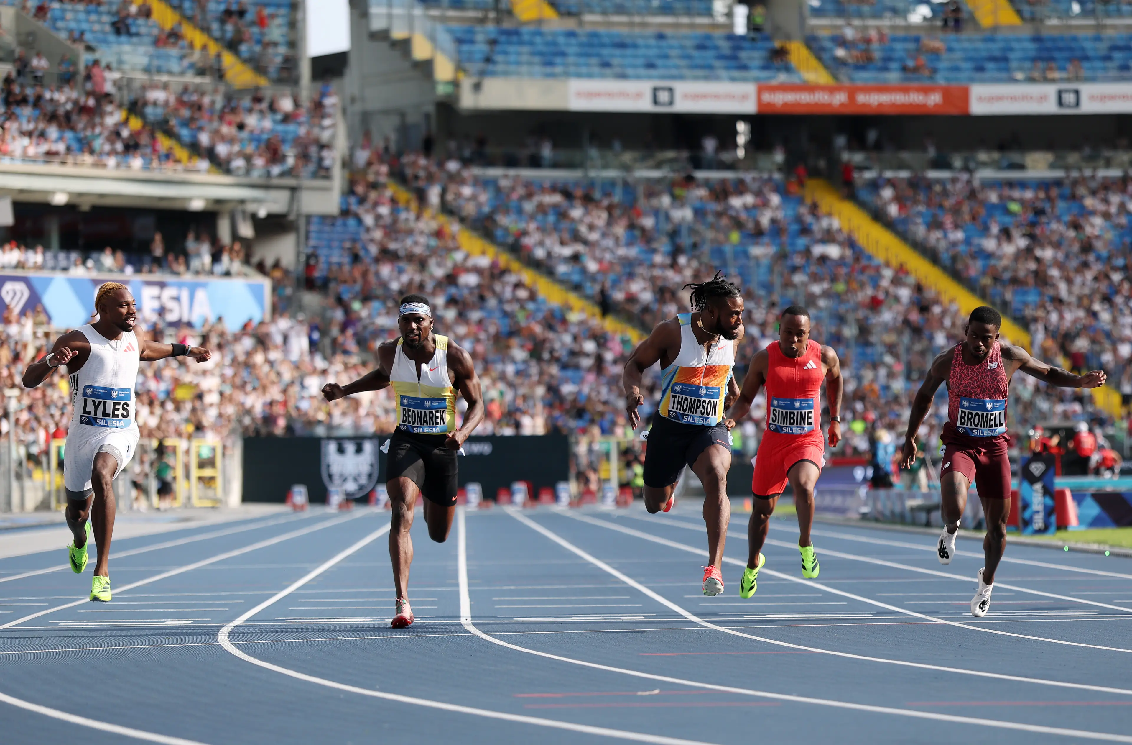 Kishane Thompson beats Noah Lyles at the 100m at the Diamond League meeting in Poland. (Image: Getty)
