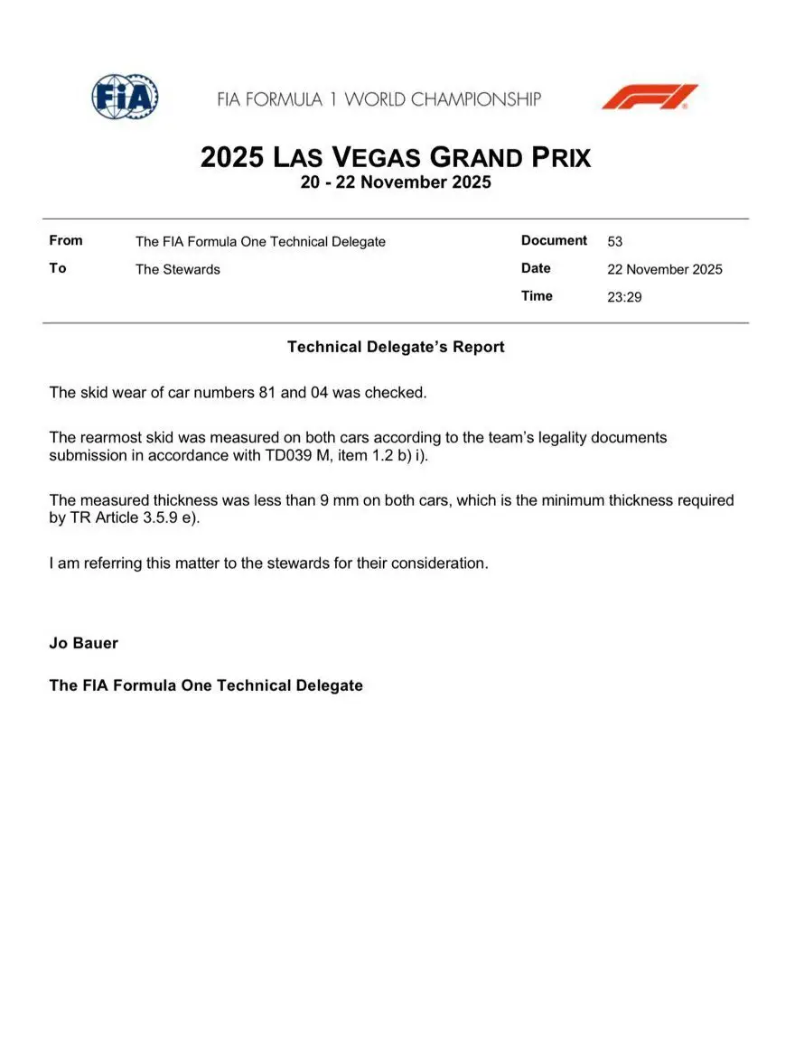 The official document from the FIA referring Lando Norris and Oscar Piastri for investigation (credit: FIA)