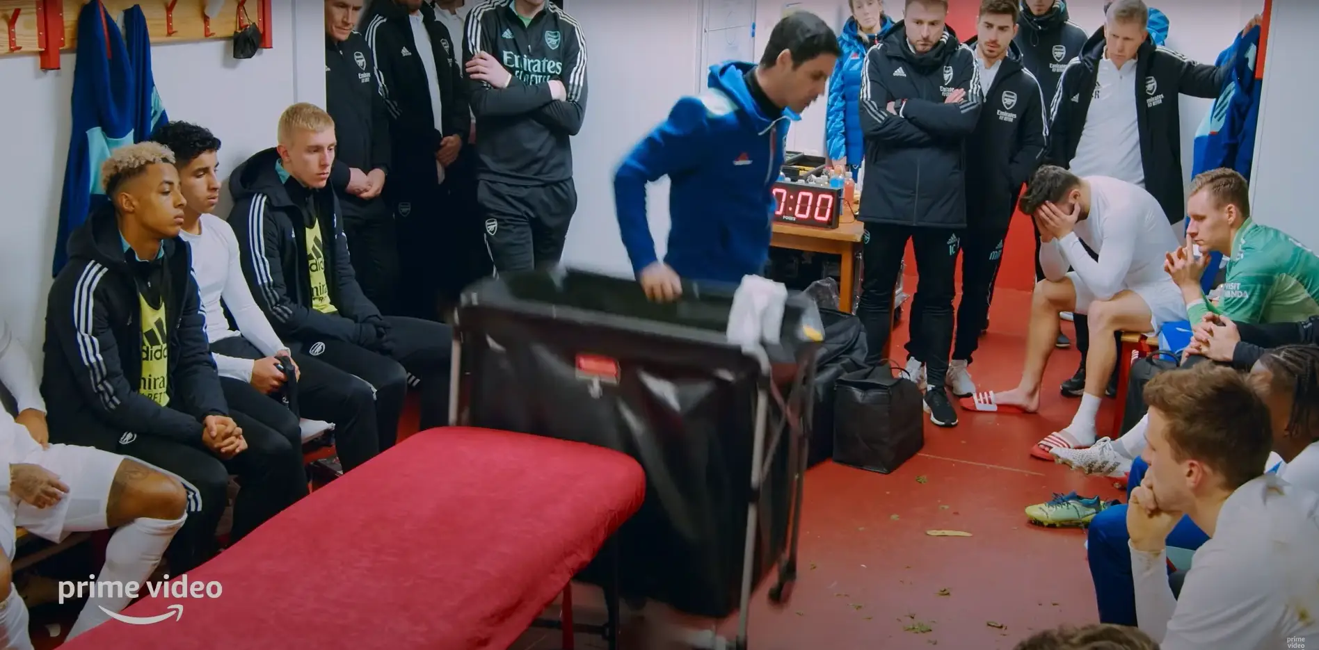 Arteta slams the kit bin, during a passionate team-talk.