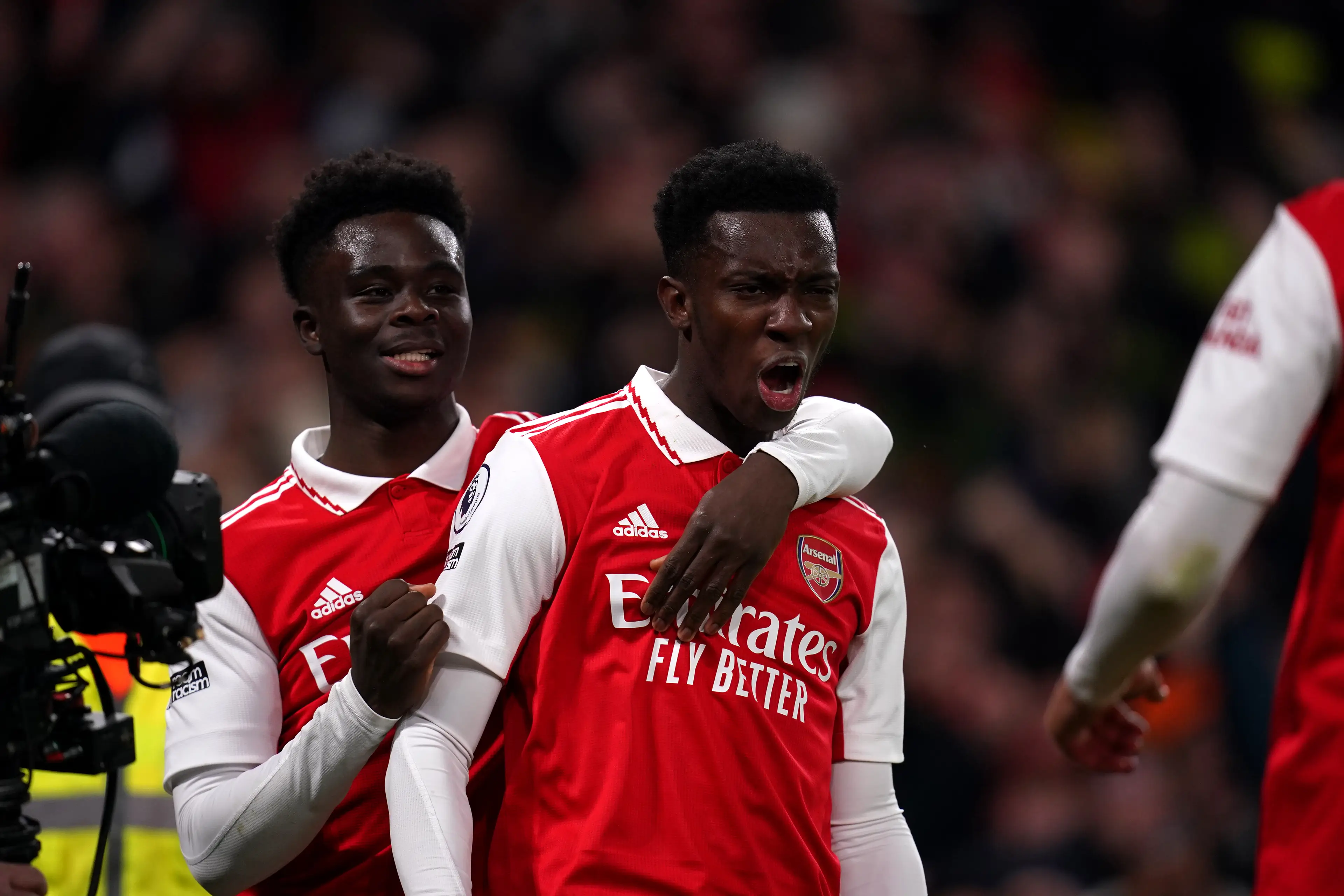 Eddie Nketiah and Bukayo Saka celebrate